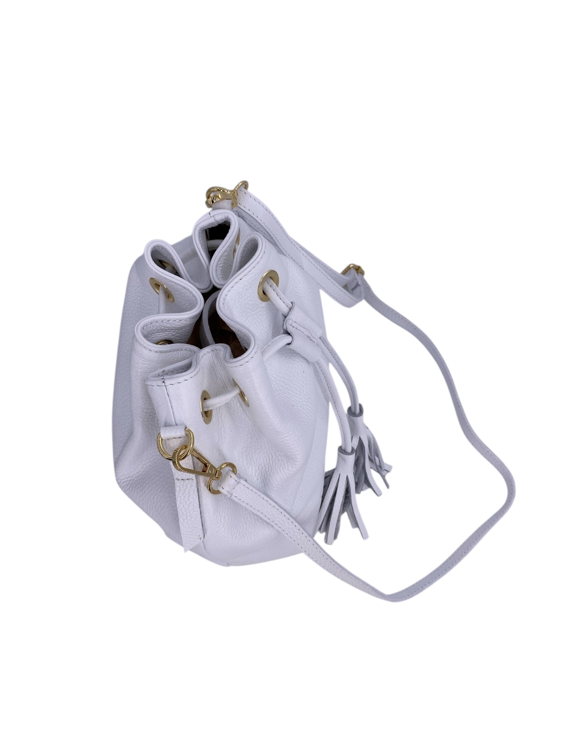 Genevieve Grande – Damenhandtasche und Umhängetasche aus echtem italienischen Leder mit Kordelzugverschluss und goldenen Details