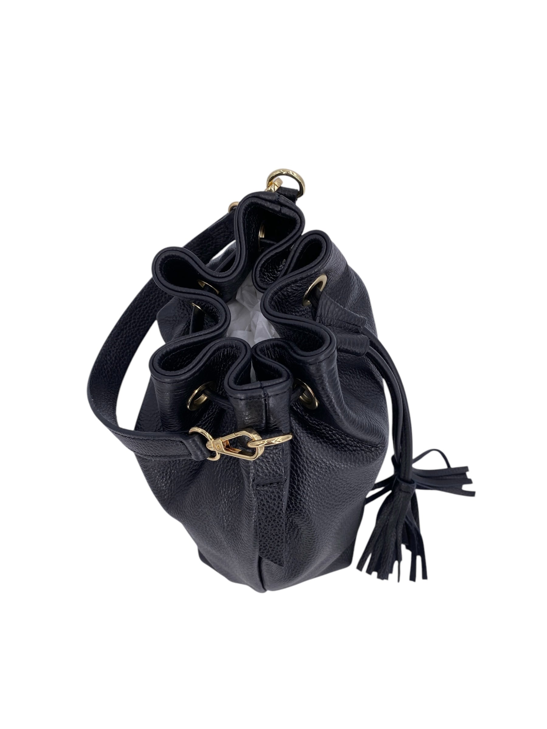 Genevieve Grande – Damenhandtasche und Umhängetasche aus echtem italienischen Leder mit Kordelzugverschluss und goldenen Details