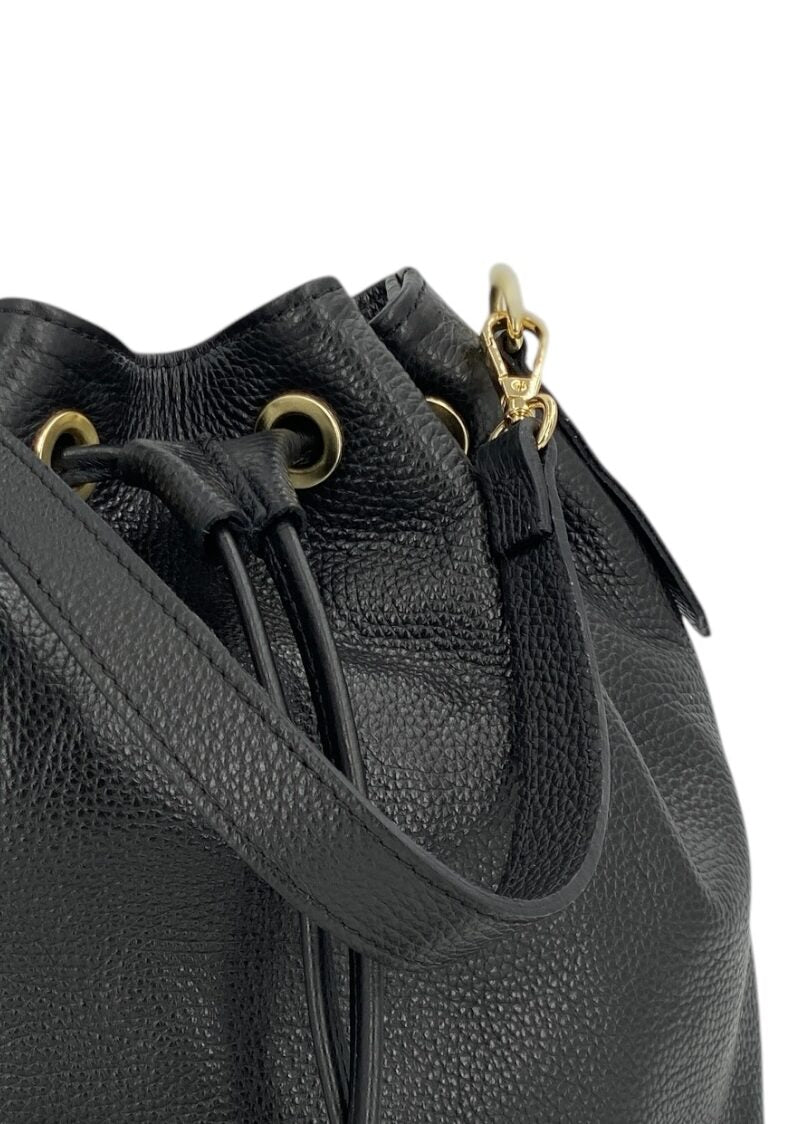 Genevieve Grande – Damenhandtasche und Umhängetasche aus echtem italienischen Leder mit Kordelzugverschluss und goldenen Details