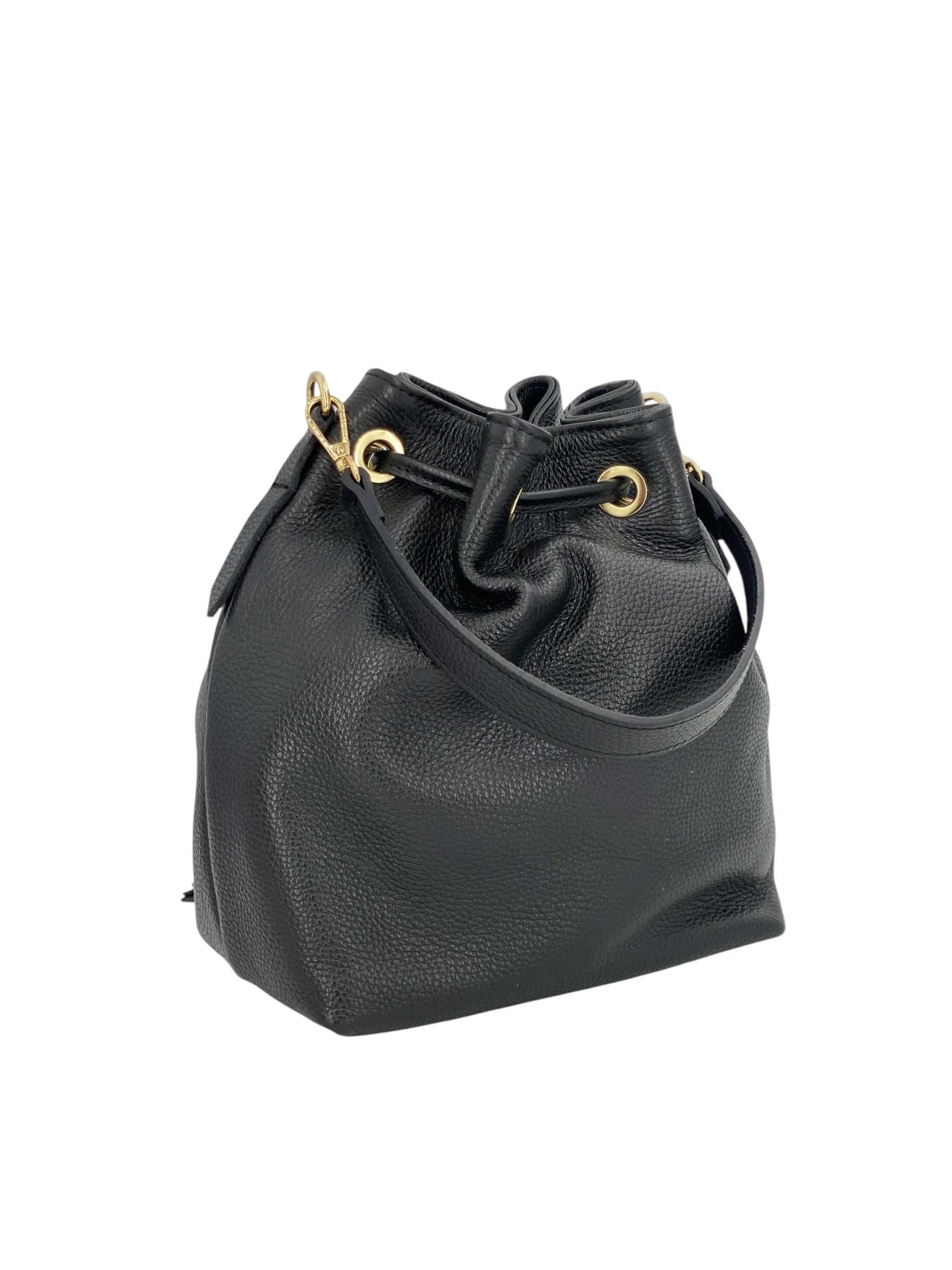 Genevieve Grande – Damenhandtasche und Umhängetasche aus echtem italienischen Leder mit Kordelzugverschluss und goldenen Details