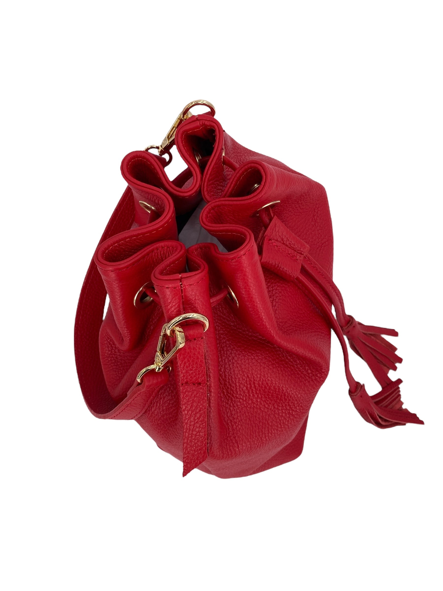Genevieve Grande – Damenhandtasche und Umhängetasche aus echtem italienischen Leder mit Kordelzugverschluss und goldenen Details