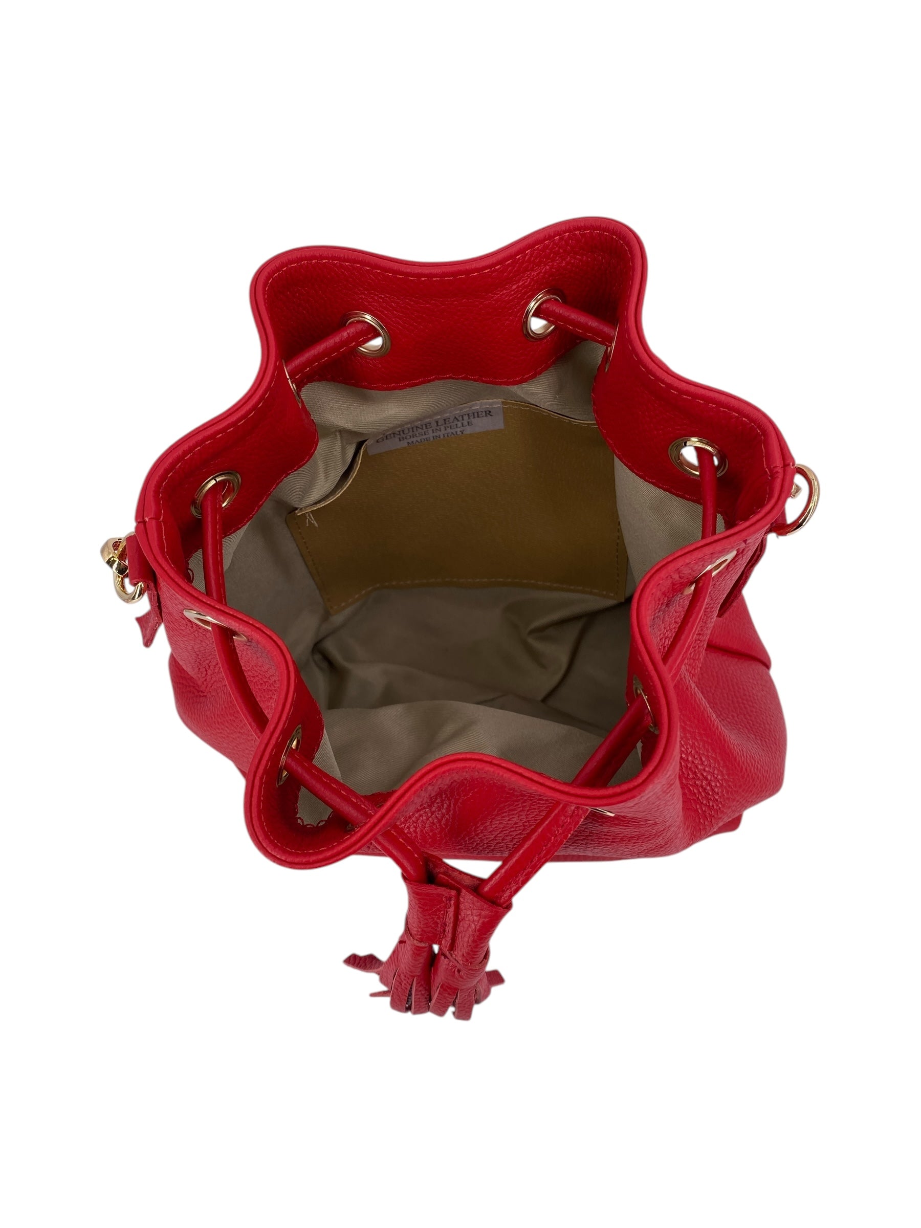 Genevieve Grande – Damenhandtasche und Umhängetasche aus echtem italienischen Leder mit Kordelzugverschluss und goldenen Details