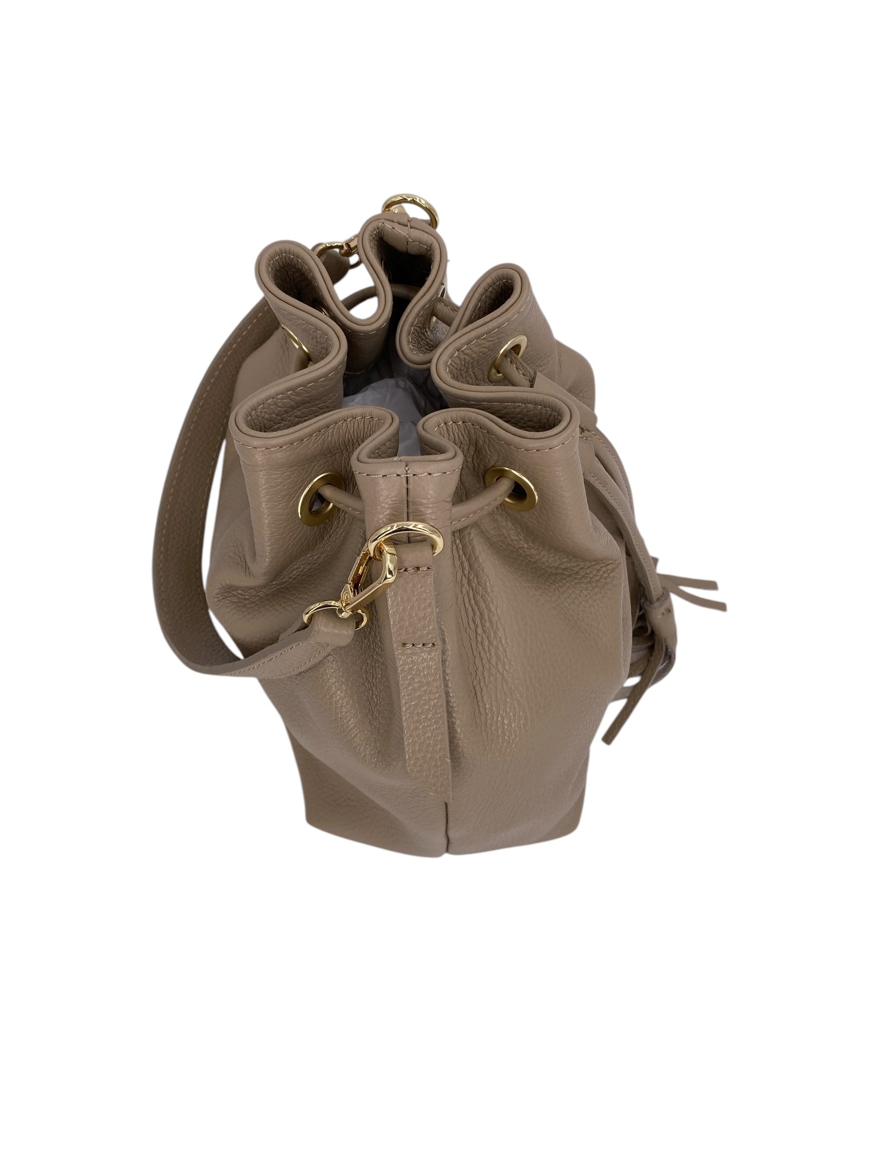 Genevieve Grande – Damenhandtasche und Umhängetasche aus echtem italienischen Leder mit Kordelzugverschluss und goldenen Details