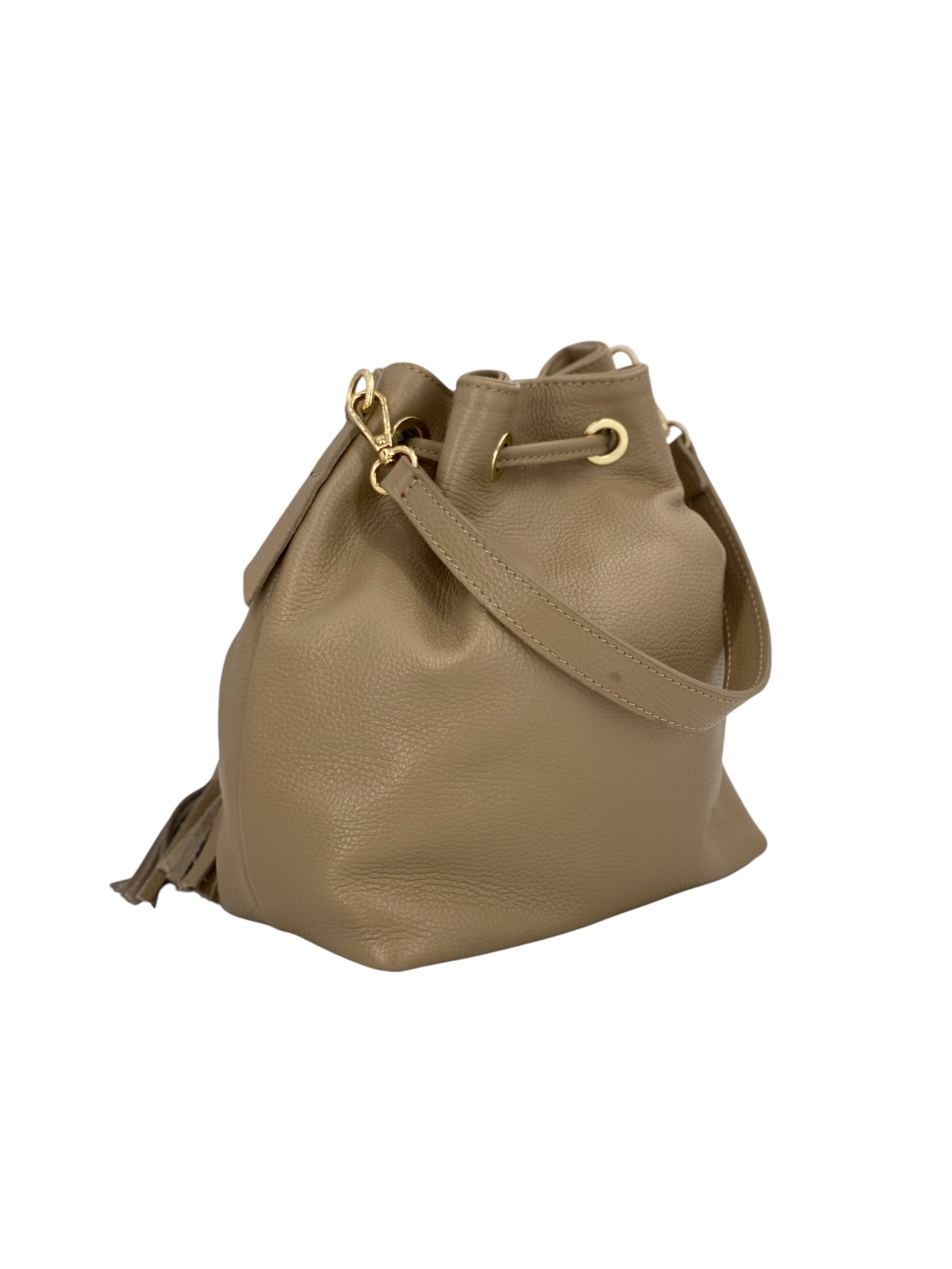 Genevieve Grande – Damenhandtasche und Umhängetasche aus echtem italienischen Leder mit Kordelzugverschluss und goldenen Details