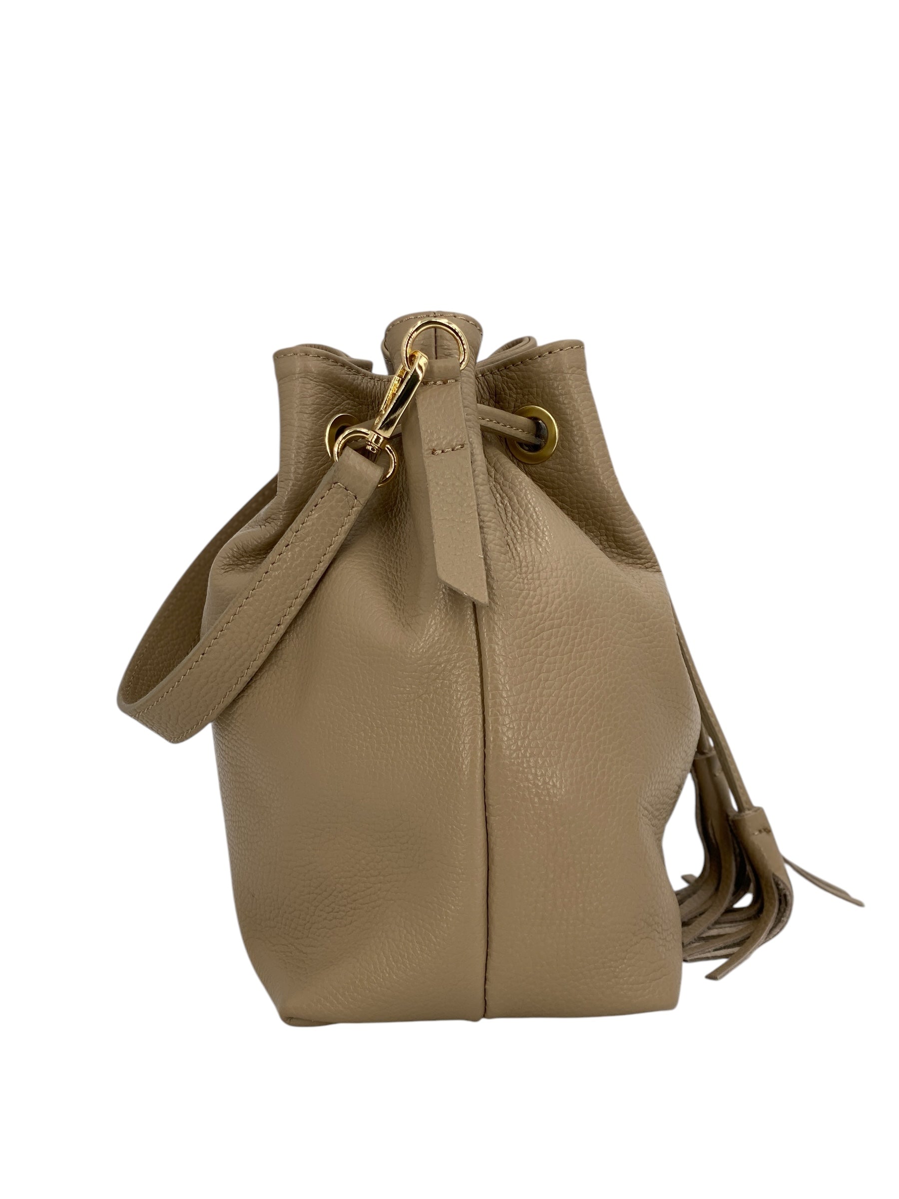 Genevieve Grande – Damenhandtasche und Umhängetasche aus echtem italienischen Leder mit Kordelzugverschluss und goldenen Details