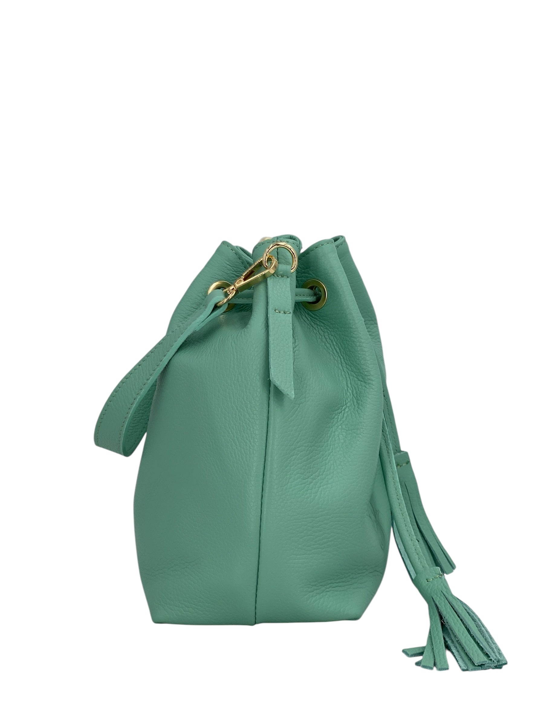 Genevieve Grande – Damenhandtasche und Umhängetasche aus echtem italienischen Leder mit Kordelzugverschluss und goldenen Details