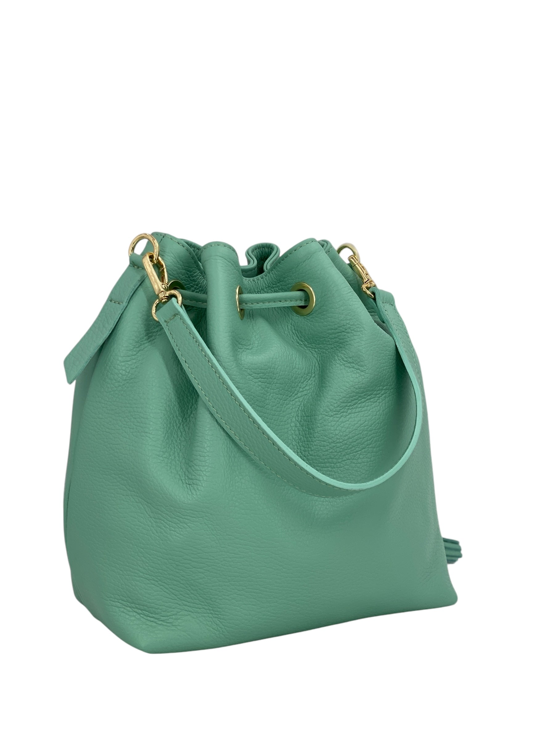 Genevieve Grande – Damenhandtasche und Umhängetasche aus echtem italienischen Leder mit Kordelzugverschluss und goldenen Details