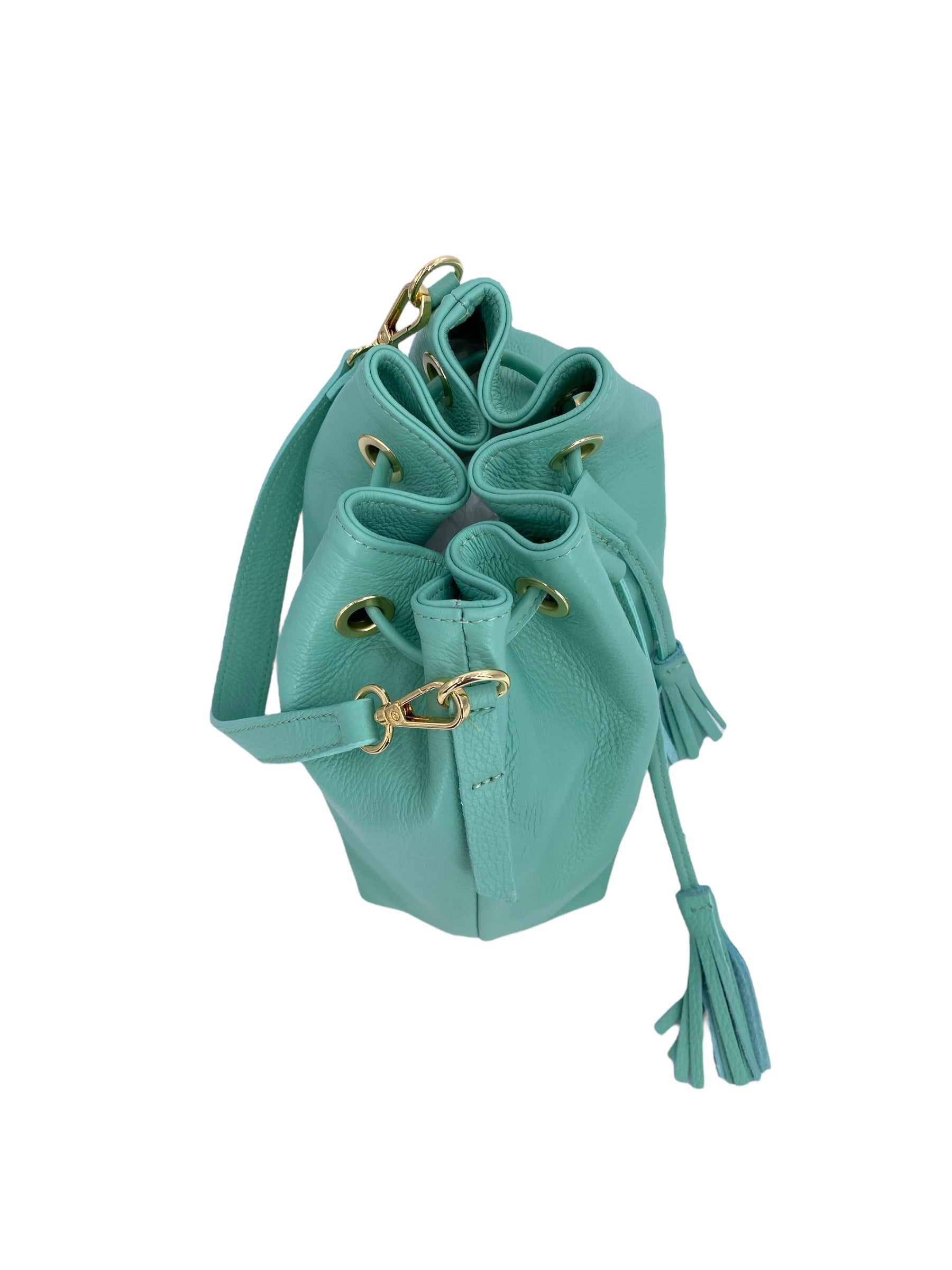 Genevieve Grande – Damenhandtasche und Umhängetasche aus echtem italienischen Leder mit Kordelzugverschluss und goldenen Details