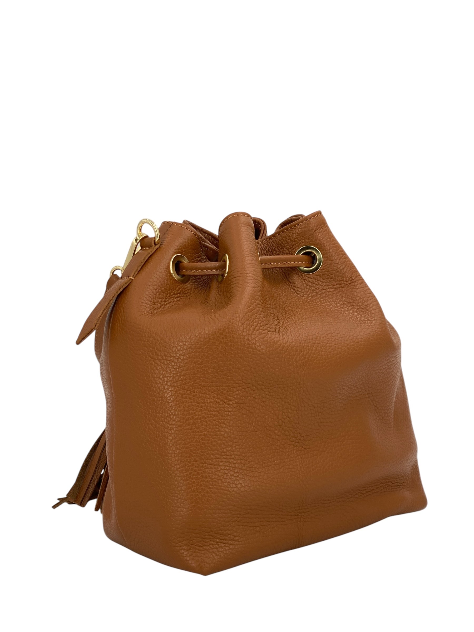 Genevieve Grande – Damenhandtasche und Umhängetasche aus echtem italienischen Leder mit Kordelzugverschluss und goldenen Details