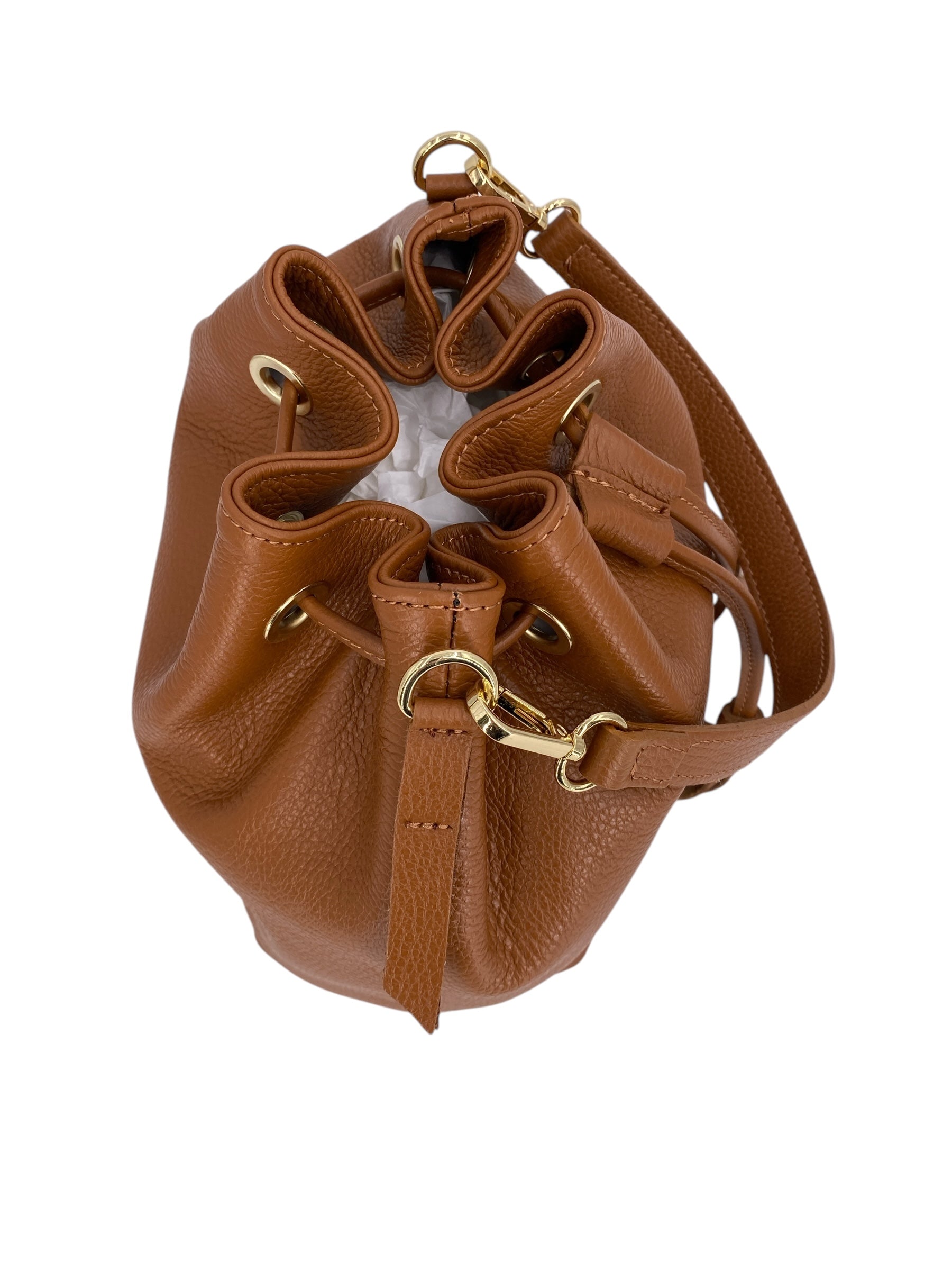 Genevieve Grande – Damenhandtasche und Umhängetasche aus echtem italienischen Leder mit Kordelzugverschluss und goldenen Details