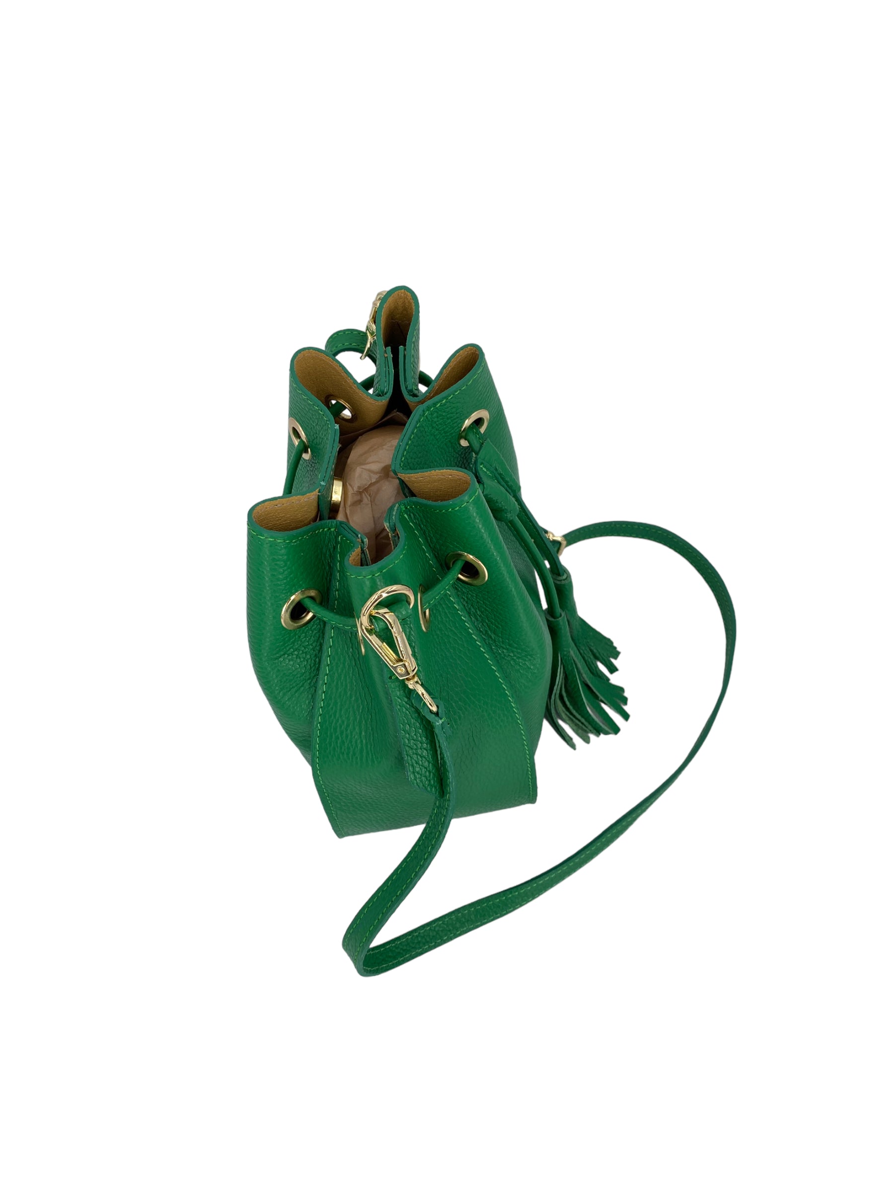 Genevieve 2.0 Mini – Damenhandtasche und Umhängetasche aus echtem italienischem Leder mit Kordelzugverschluss und goldenen Details