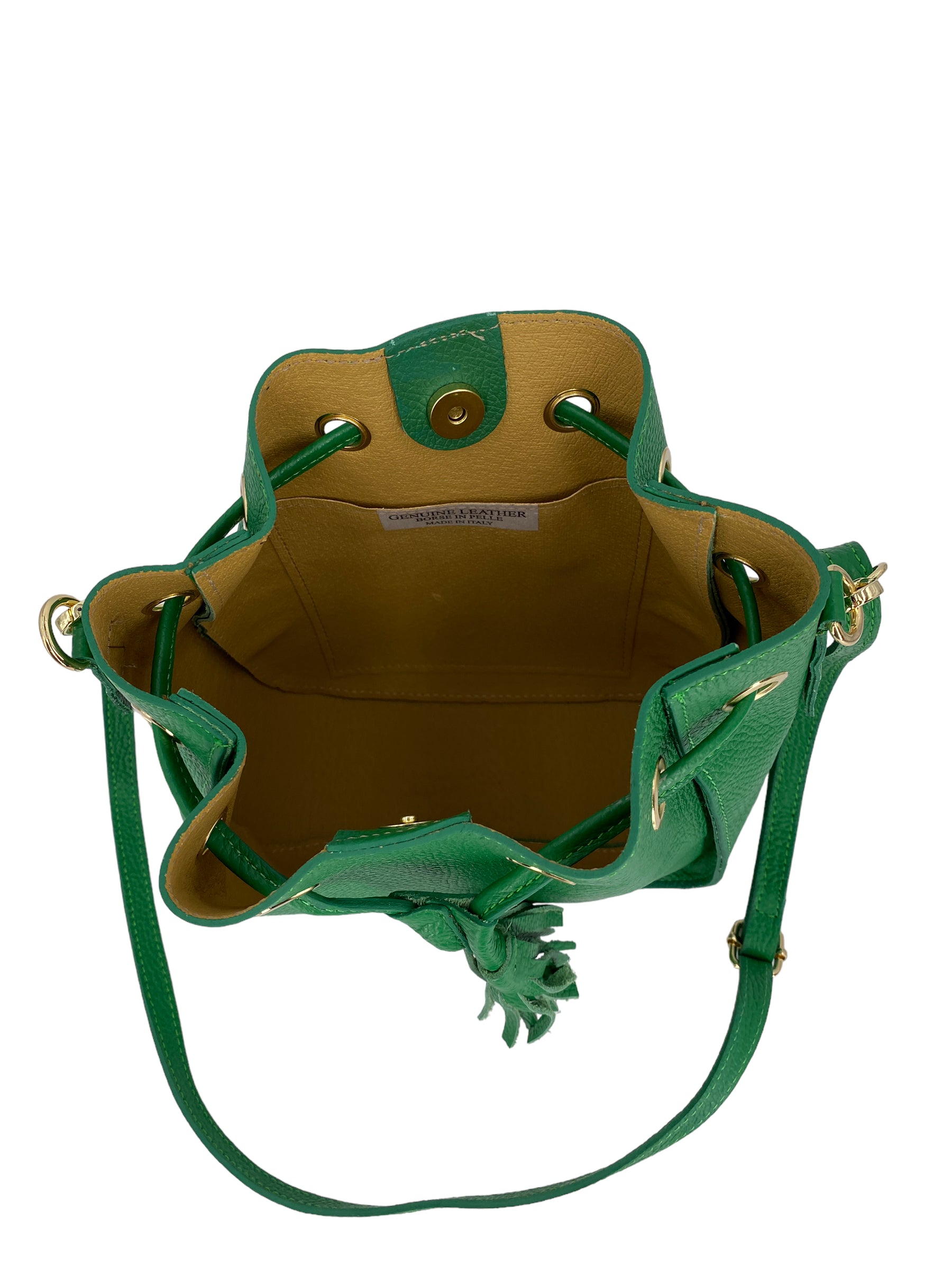 Genevieve 2.0 Mini – Damenhandtasche und Umhängetasche aus echtem italienischem Leder mit Kordelzugverschluss und goldenen Details