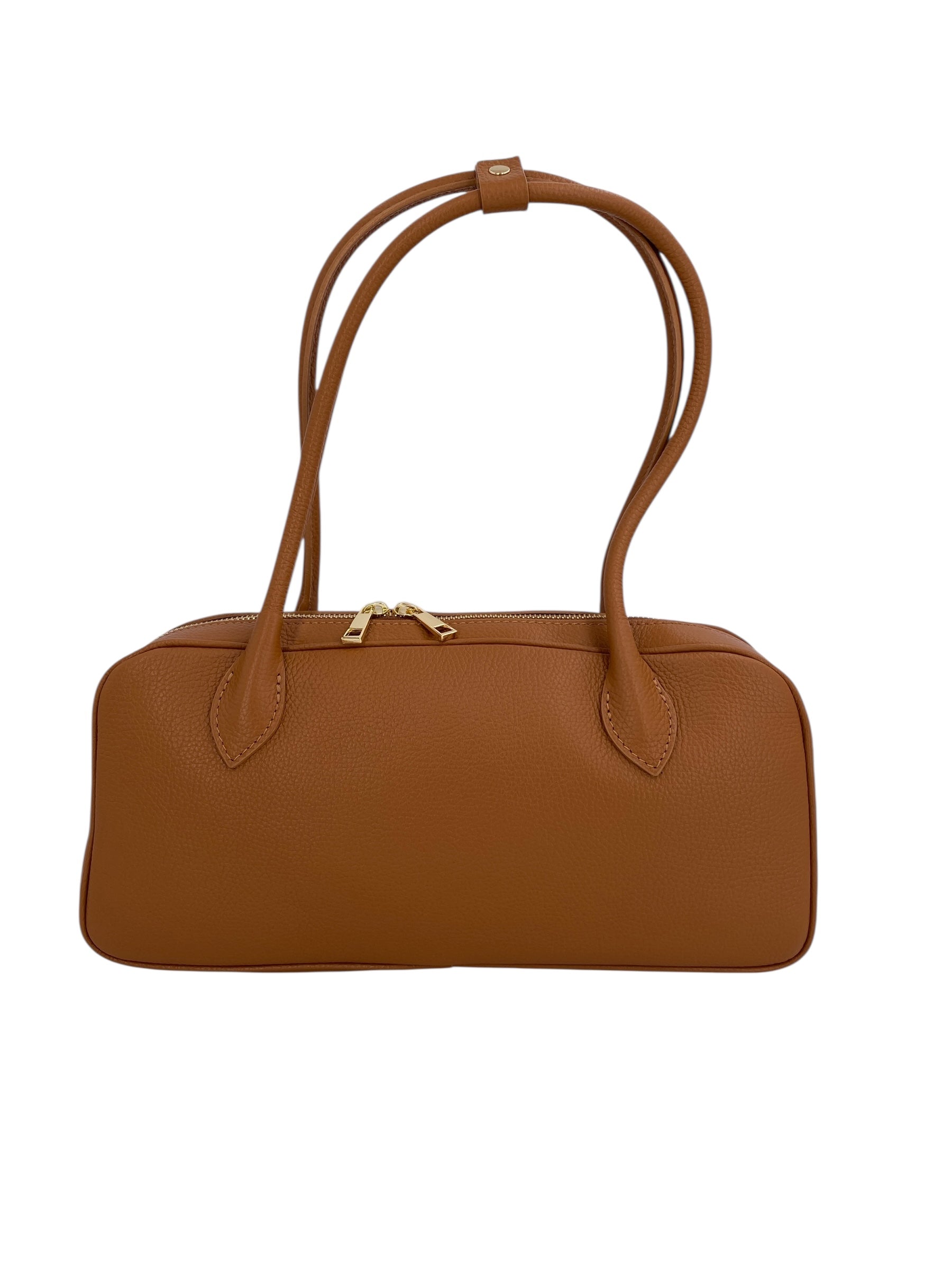 Victoire – Damenhandtasche und Umhängetasche aus echtem italienischem Leder mit doppelten, starren Griffen und goldenem Reißverschluss