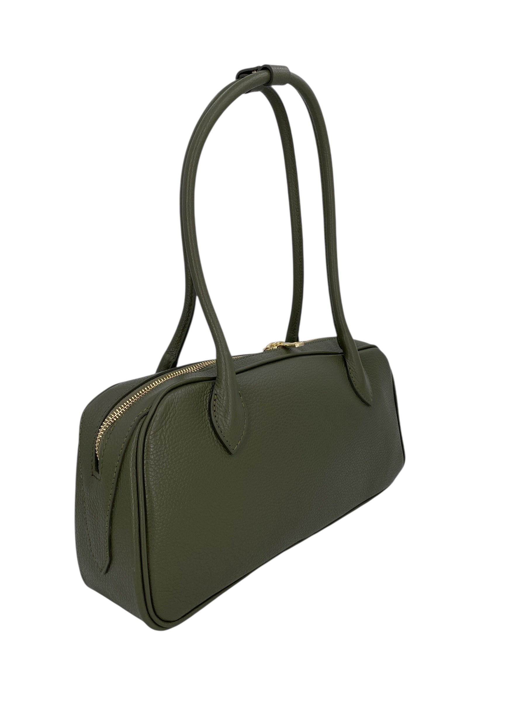 Victoire – Damenhandtasche und Umhängetasche aus echtem italienischem Leder mit doppelten, starren Griffen und goldenem Reißverschluss
