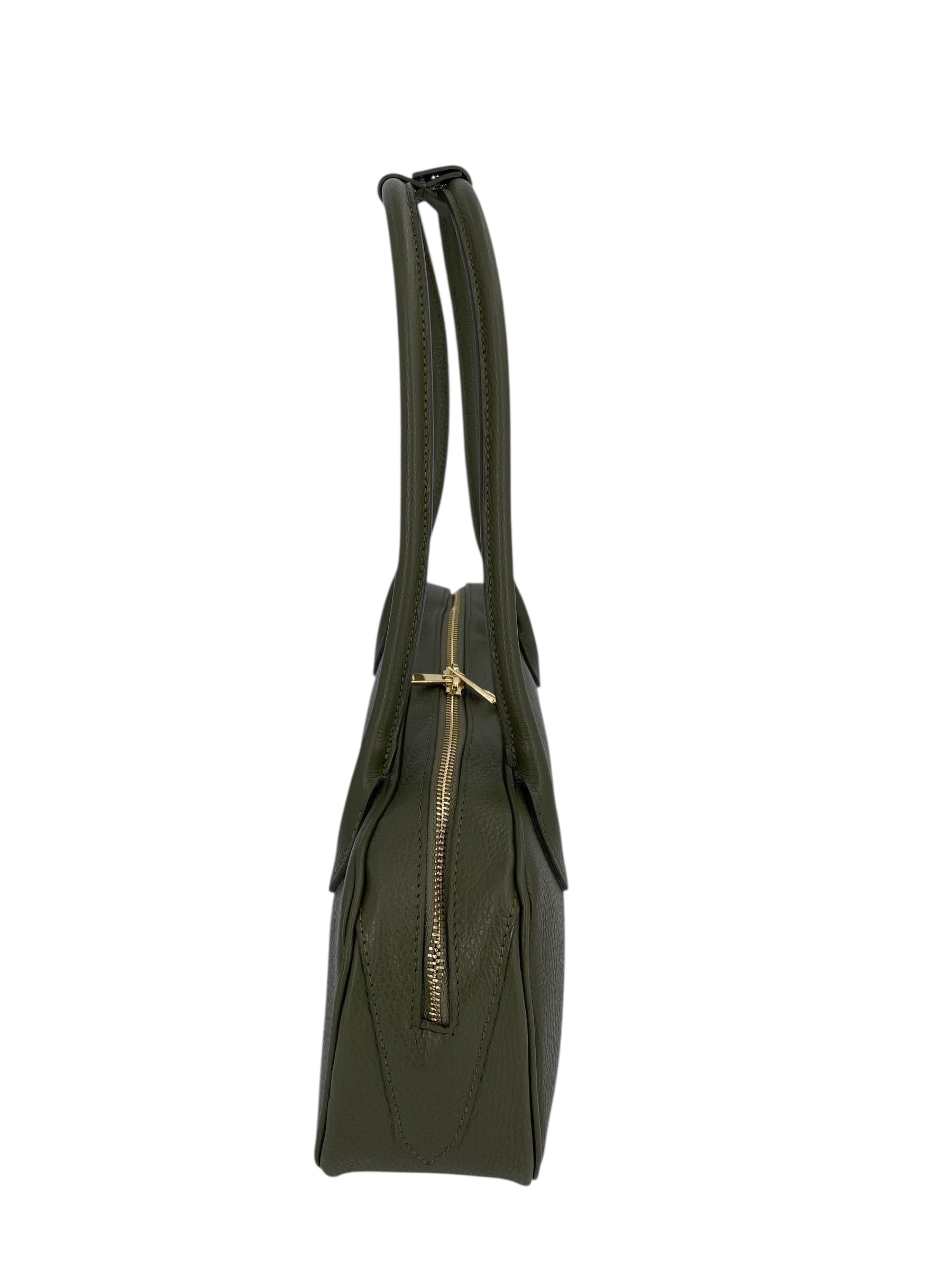 Victoire – Damenhandtasche und Umhängetasche aus echtem italienischem Leder mit doppelten, starren Griffen und goldenem Reißverschluss