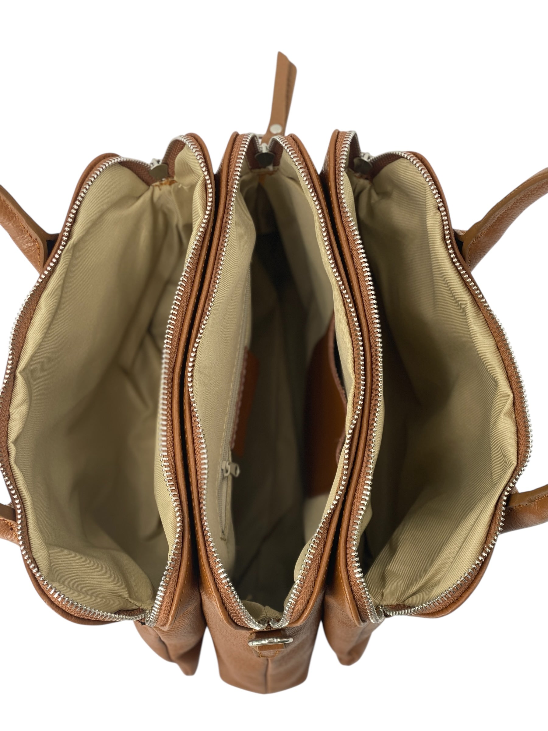 Clemence – Damenhandtasche und Umhängetasche aus echtem italienischen Leder mit drei Reißverschlussfächern