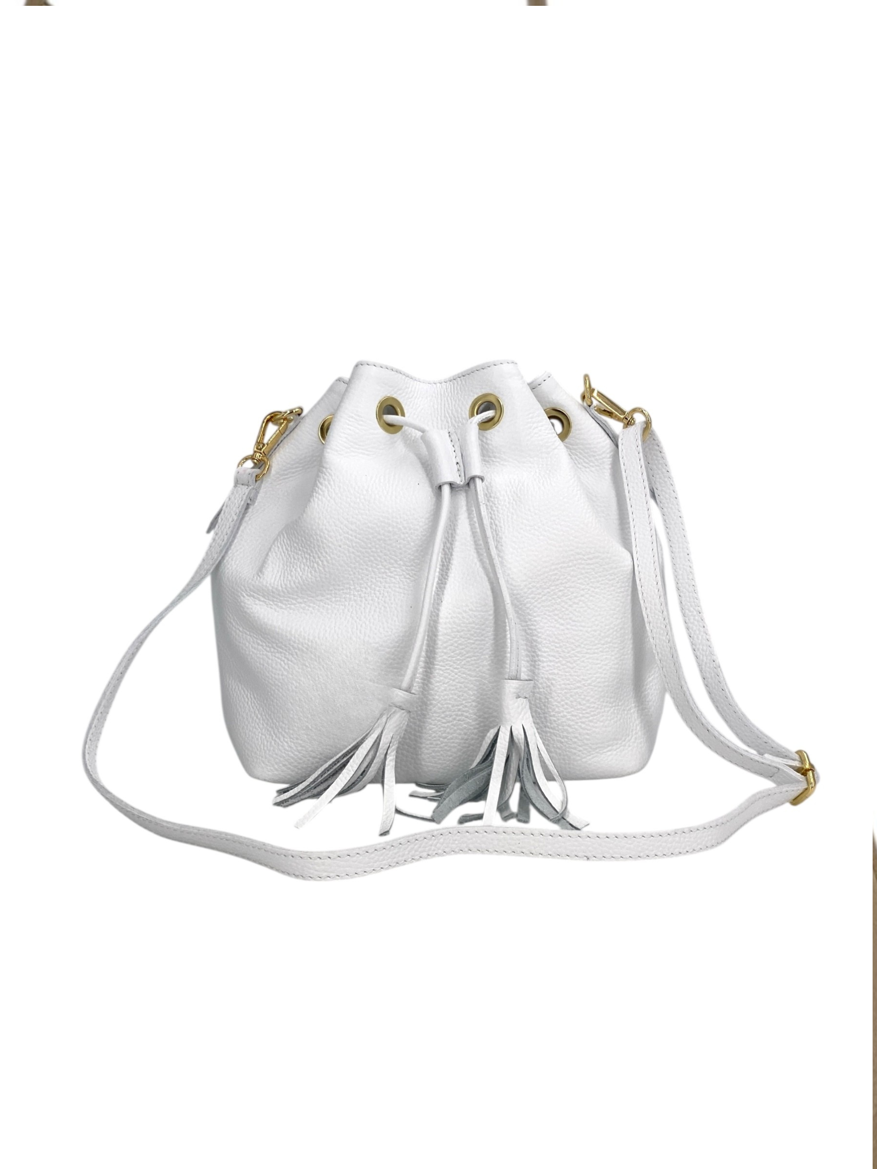 Genevieve Grande – Damenhandtasche und Umhängetasche aus echtem italienischen Leder mit Kordelzugverschluss und goldenen Details