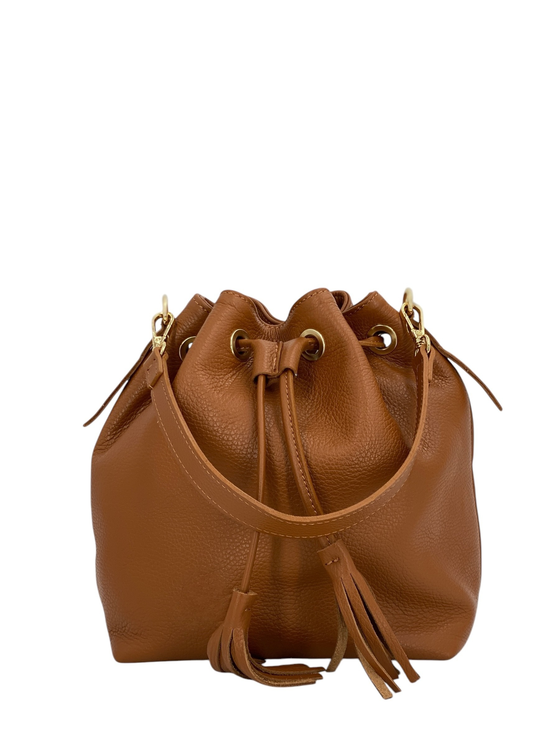 Genevieve Grande – Damenhandtasche und Umhängetasche aus echtem italienischen Leder mit Kordelzugverschluss und goldenen Details
