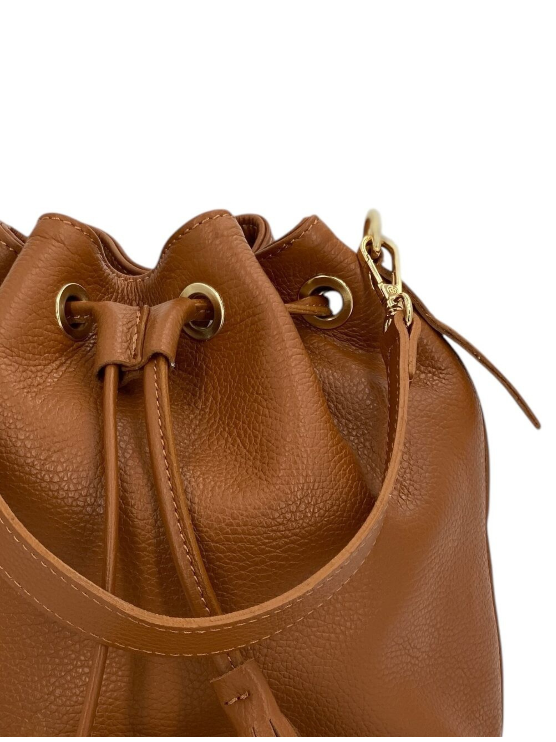 Genevieve Grande – Damenhandtasche und Umhängetasche aus echtem italienischen Leder mit Kordelzugverschluss und goldenen Details