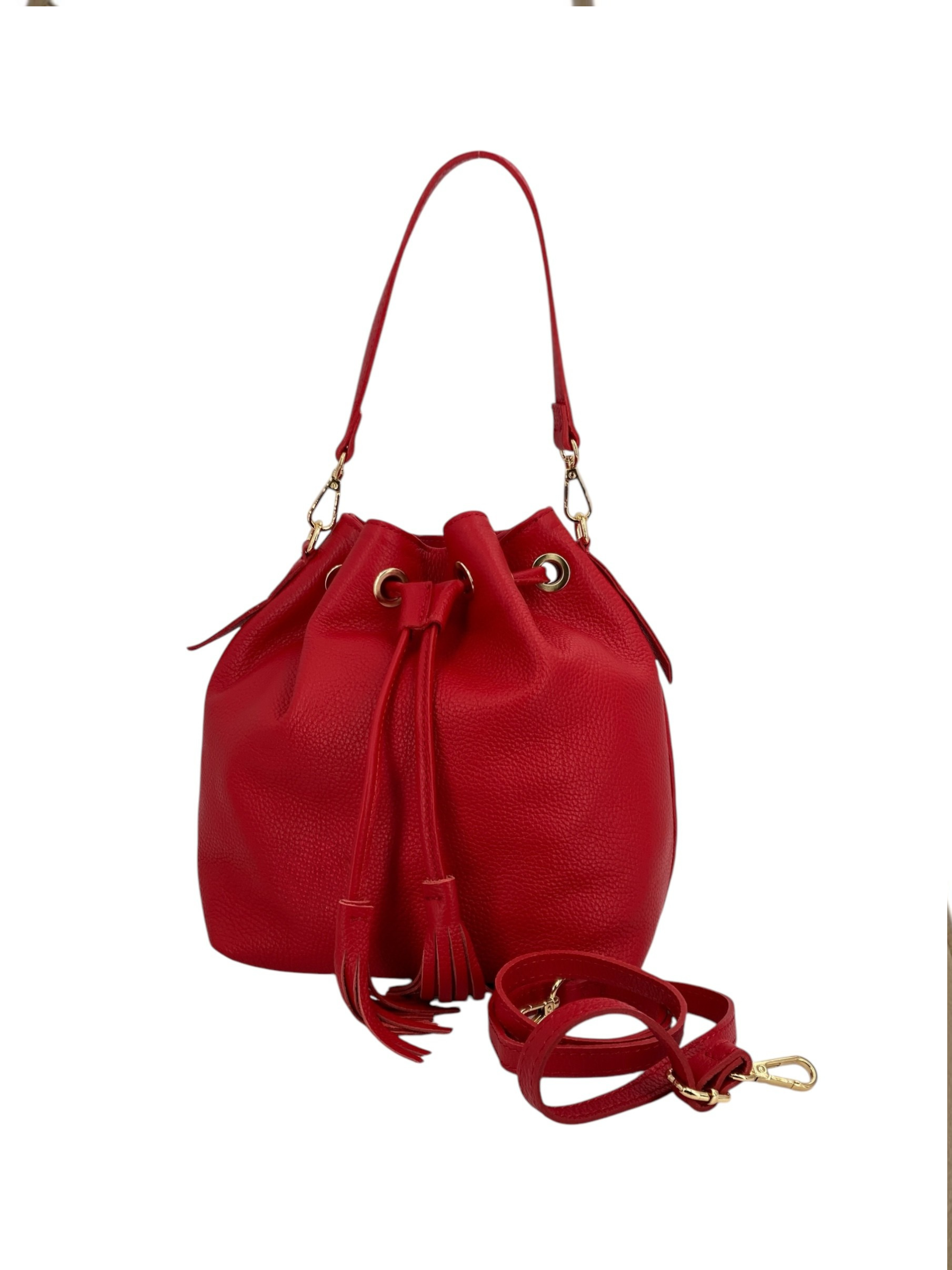 Genevieve Grande – Damenhandtasche und Umhängetasche aus echtem italienischen Leder mit Kordelzugverschluss und goldenen Details