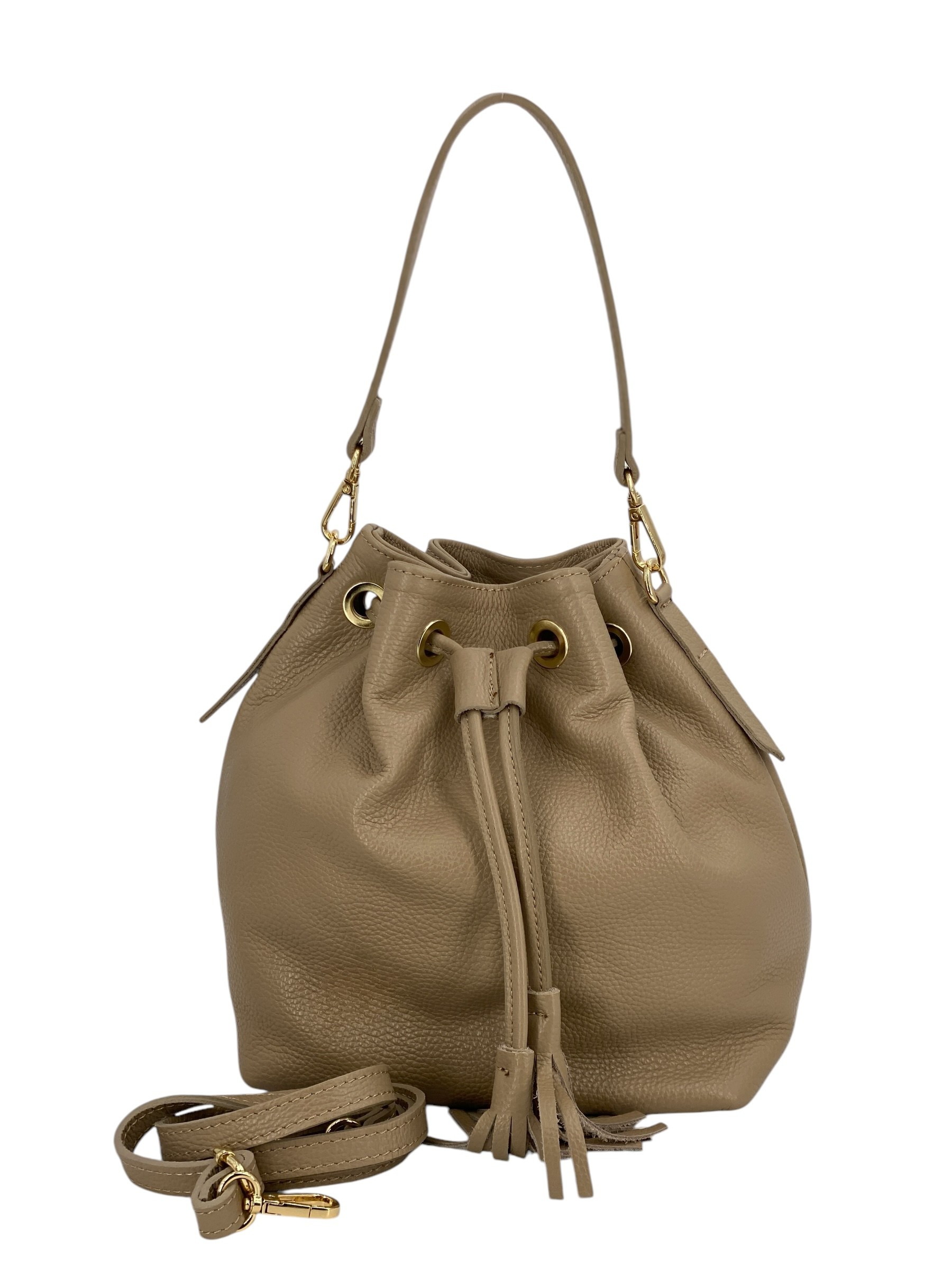Genevieve Grande – Damenhandtasche und Umhängetasche aus echtem italienischen Leder mit Kordelzugverschluss und goldenen Details