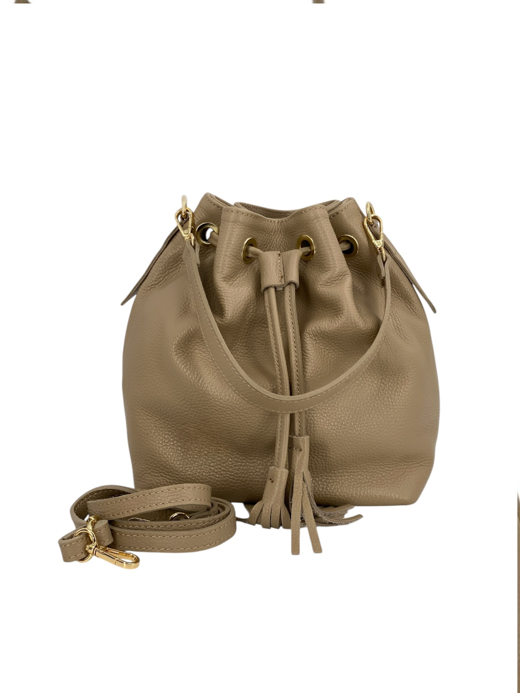 Genevieve Grande – Damenhandtasche und Umhängetasche aus echtem italienischen Leder mit Kordelzugverschluss und goldenen Details