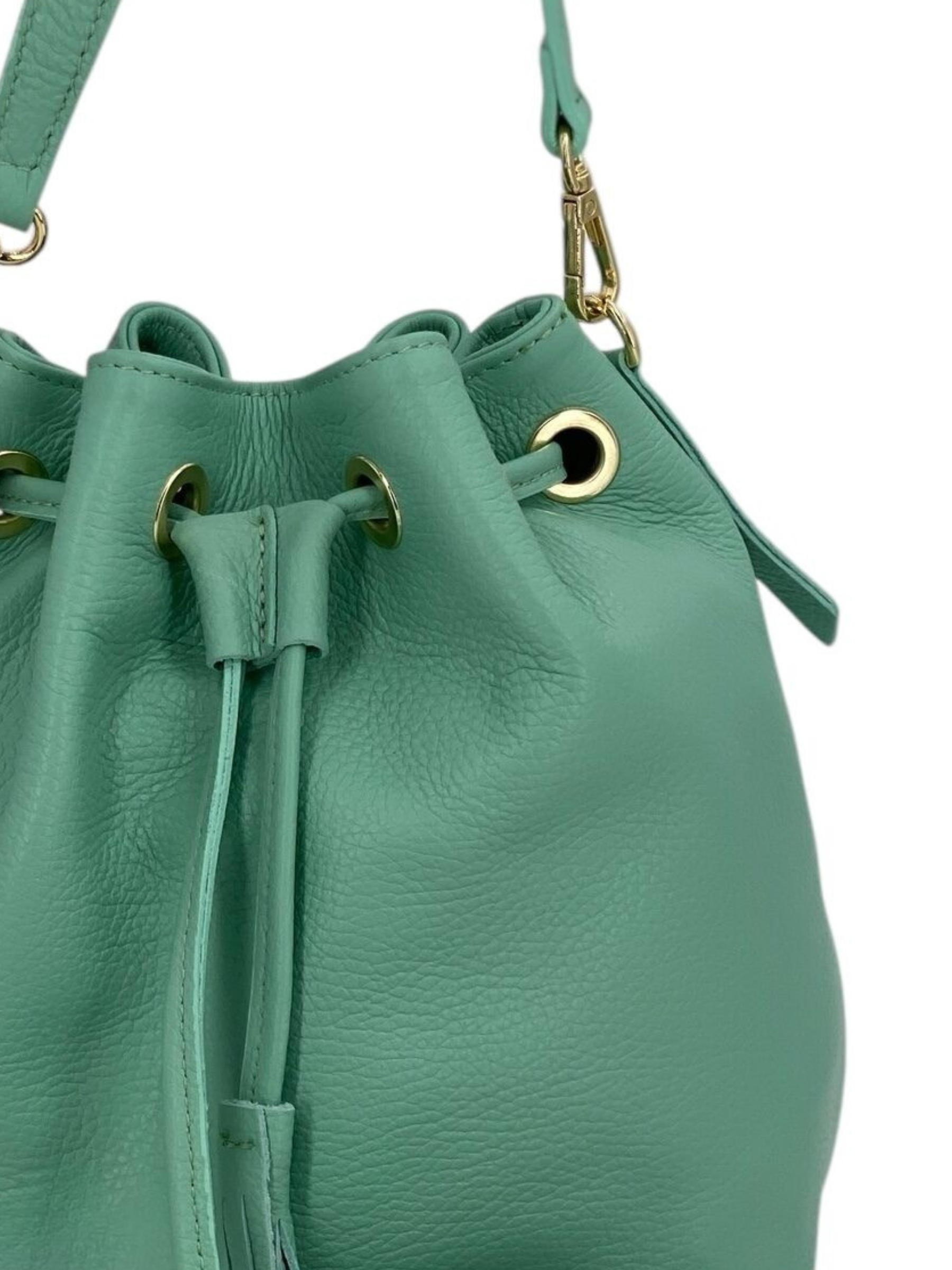 Genevieve Grande – Damenhandtasche und Umhängetasche aus echtem italienischen Leder mit Kordelzugverschluss und goldenen Details