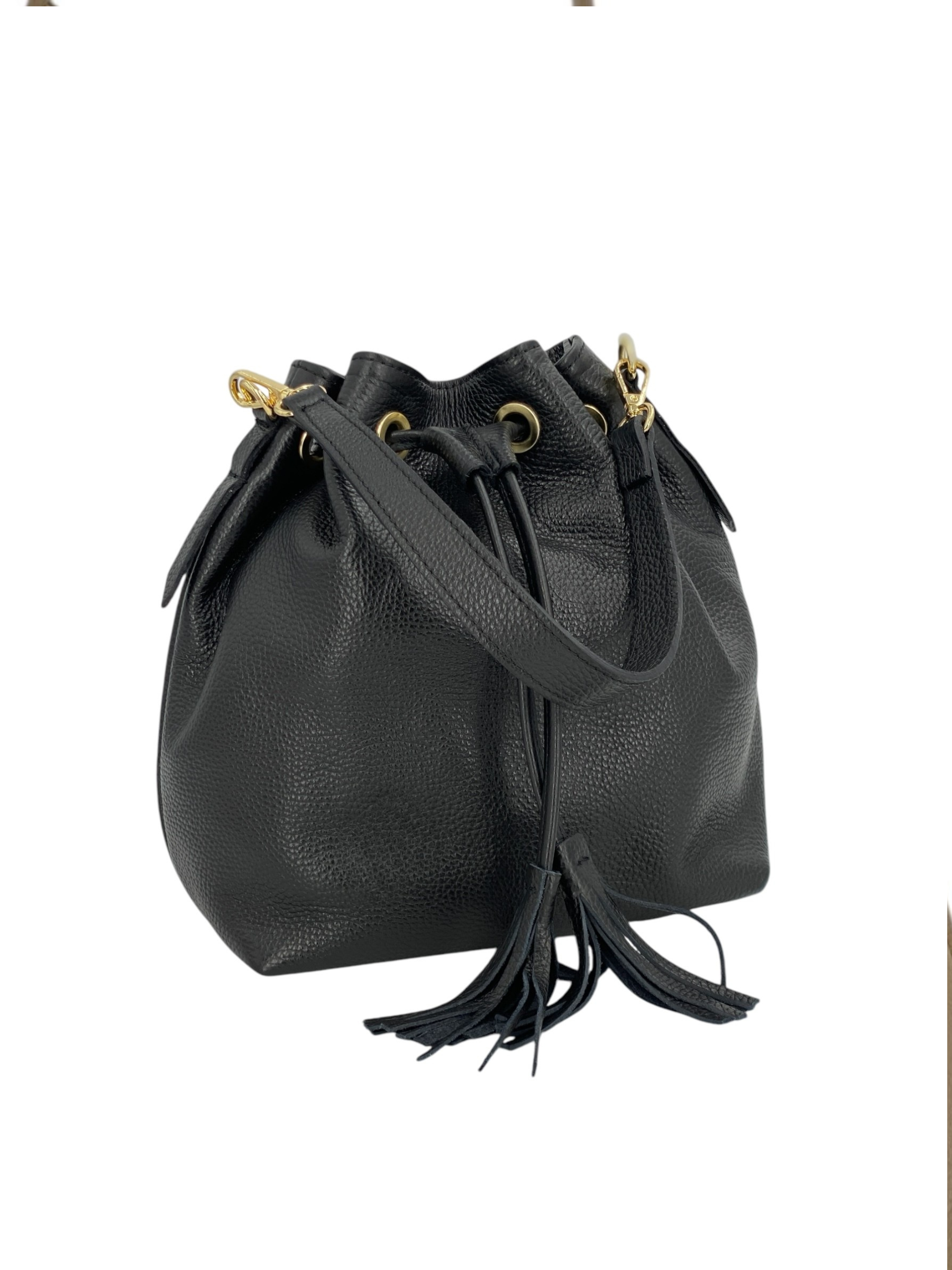 Genevieve Grande – Damenhandtasche und Umhängetasche aus echtem italienischen Leder mit Kordelzugverschluss und goldenen Details