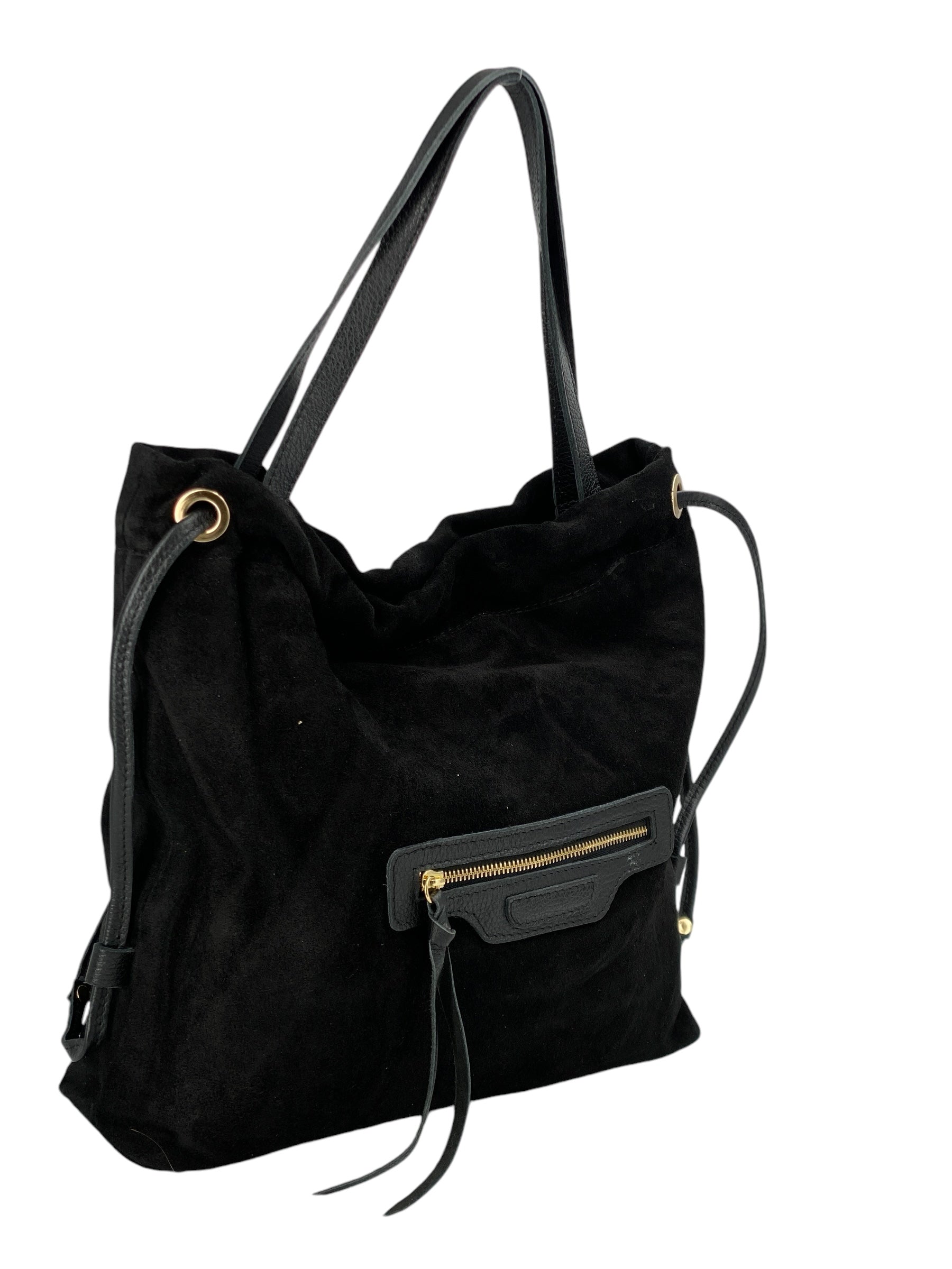Denise – Damenhandtasche und Umhängetasche aus echtem italienischen Leder mit Kordelzugverschluss