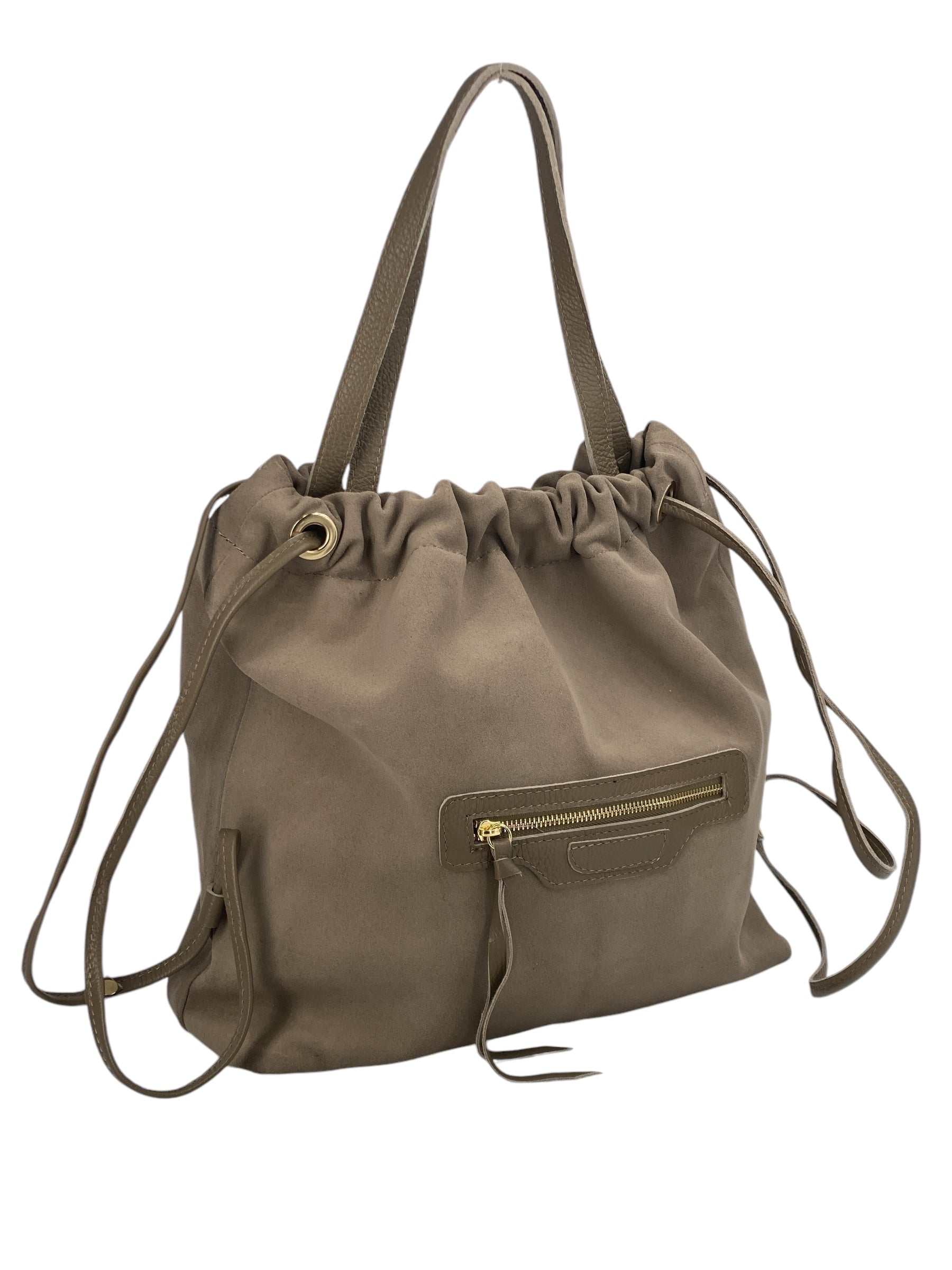 Denise – Damenhandtasche und Umhängetasche aus echtem italienischen Leder mit Kordelzugverschluss