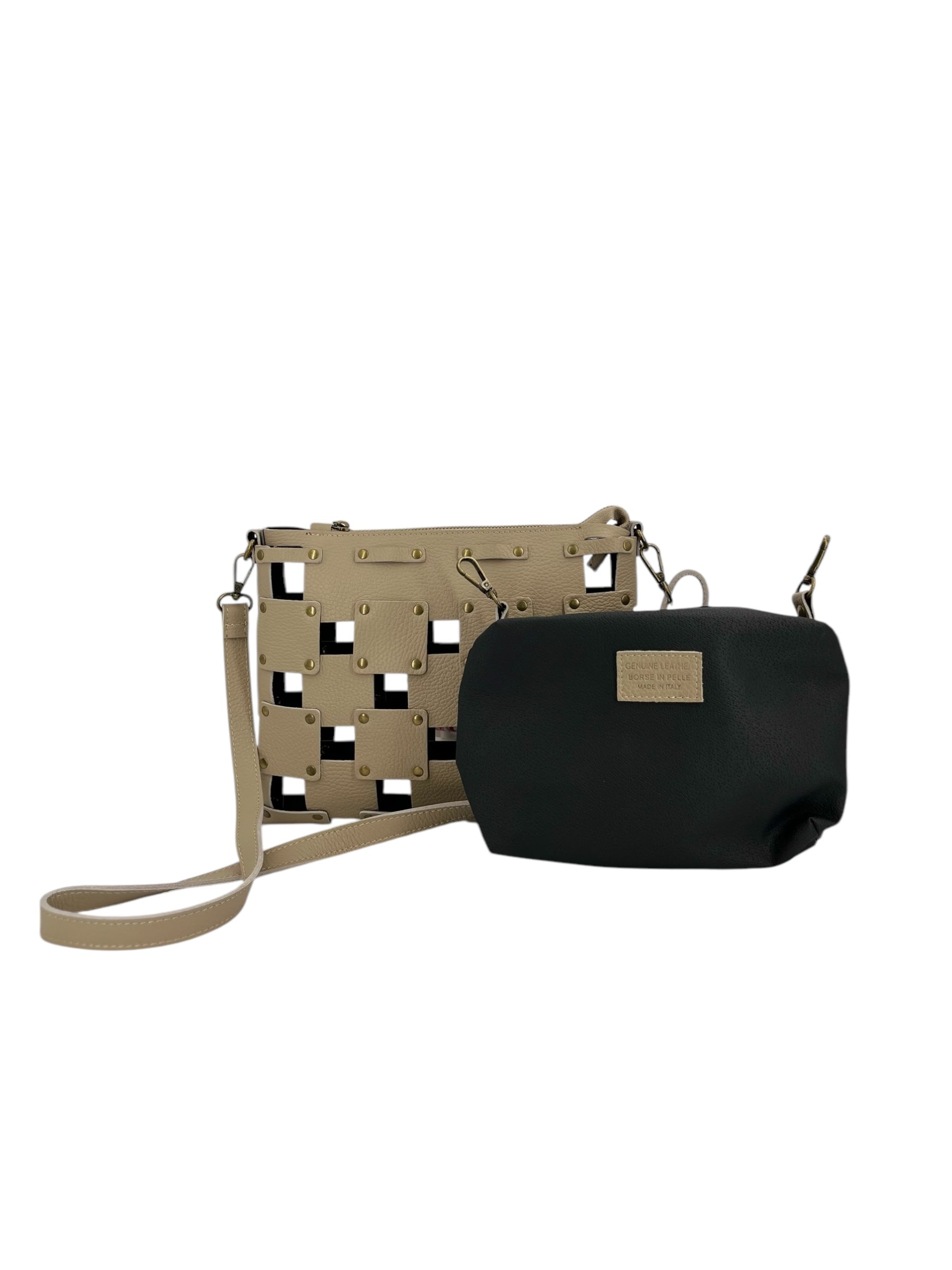 Roseline – Damenhandtasche aus echtem gewebtem italienischem Kalbsleder mit abnehmbarer Clutch