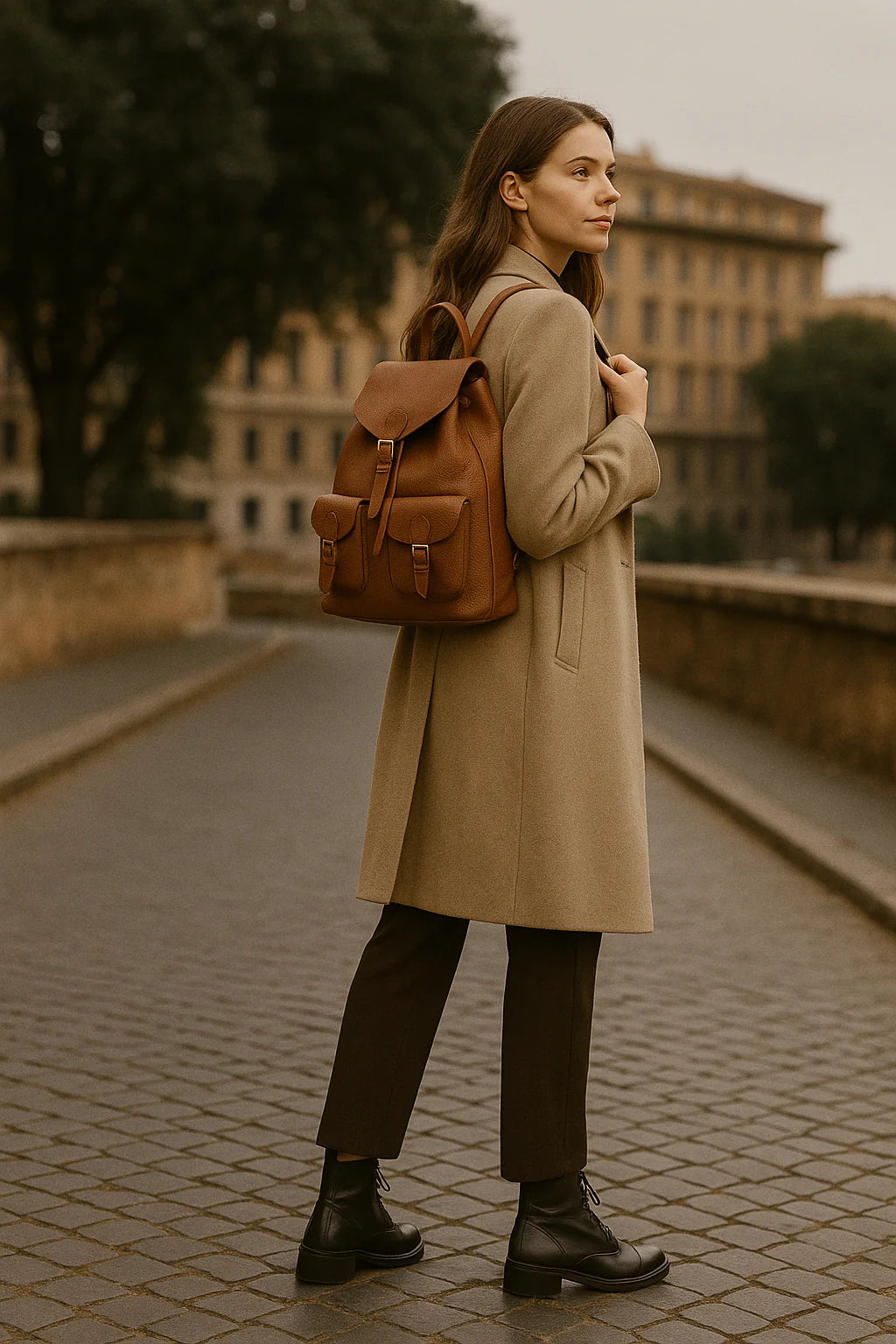 Emma – Women's backpack in genuine Italian leather with adjustable shoulder straps, spacious interior and gold buckle
