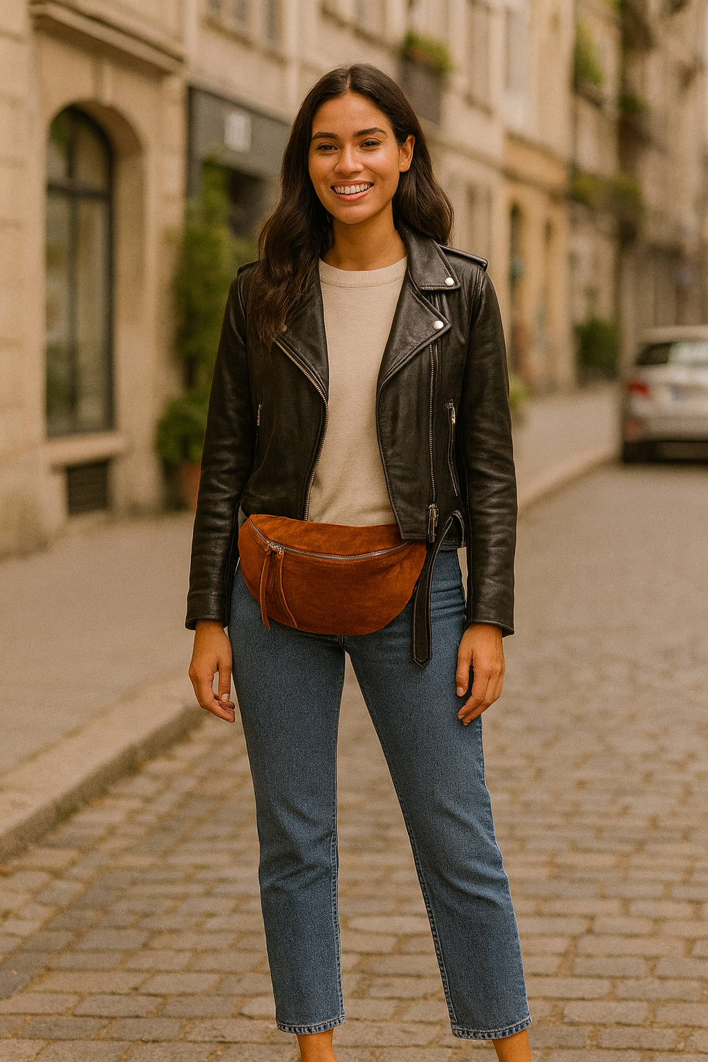 Anais – Marsupio donna in vera pelle scamosciata con tracolla regolabile e interno proporzionato