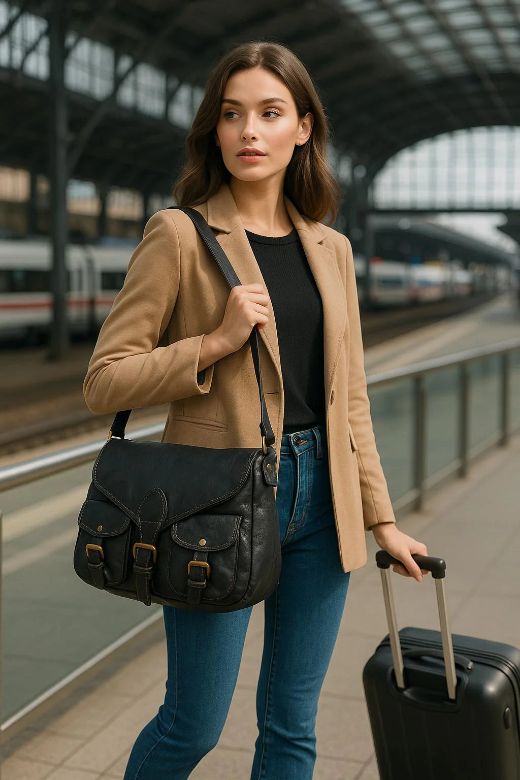 Rose – Damen-Umhängetasche aus echtem italienischen Kalbsleder, handgefertigt mit doppelten Vordertaschen