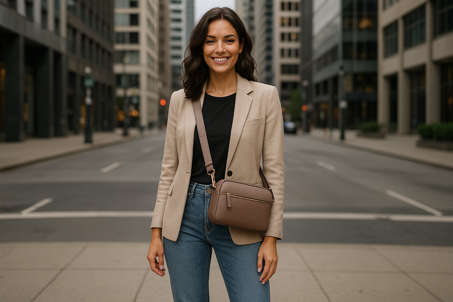 crea una foto ultra realistica di una modella ripresa interamente che indossa una borsa a tracolla in un constesto urban. la modella sorridente e sexy