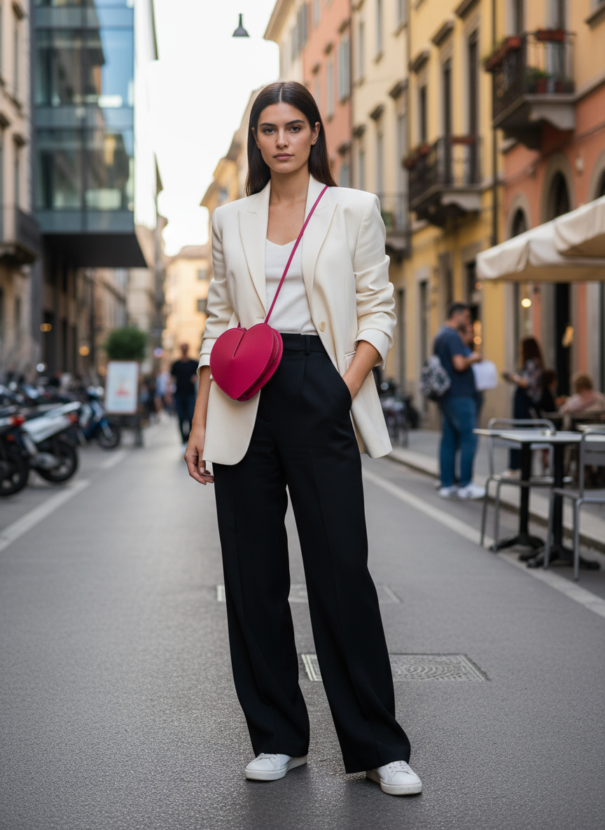Claudine – Damen-Umhängetasche aus echtem italienischem Leder mit Herzdesign und doppeltem Reißverschluss