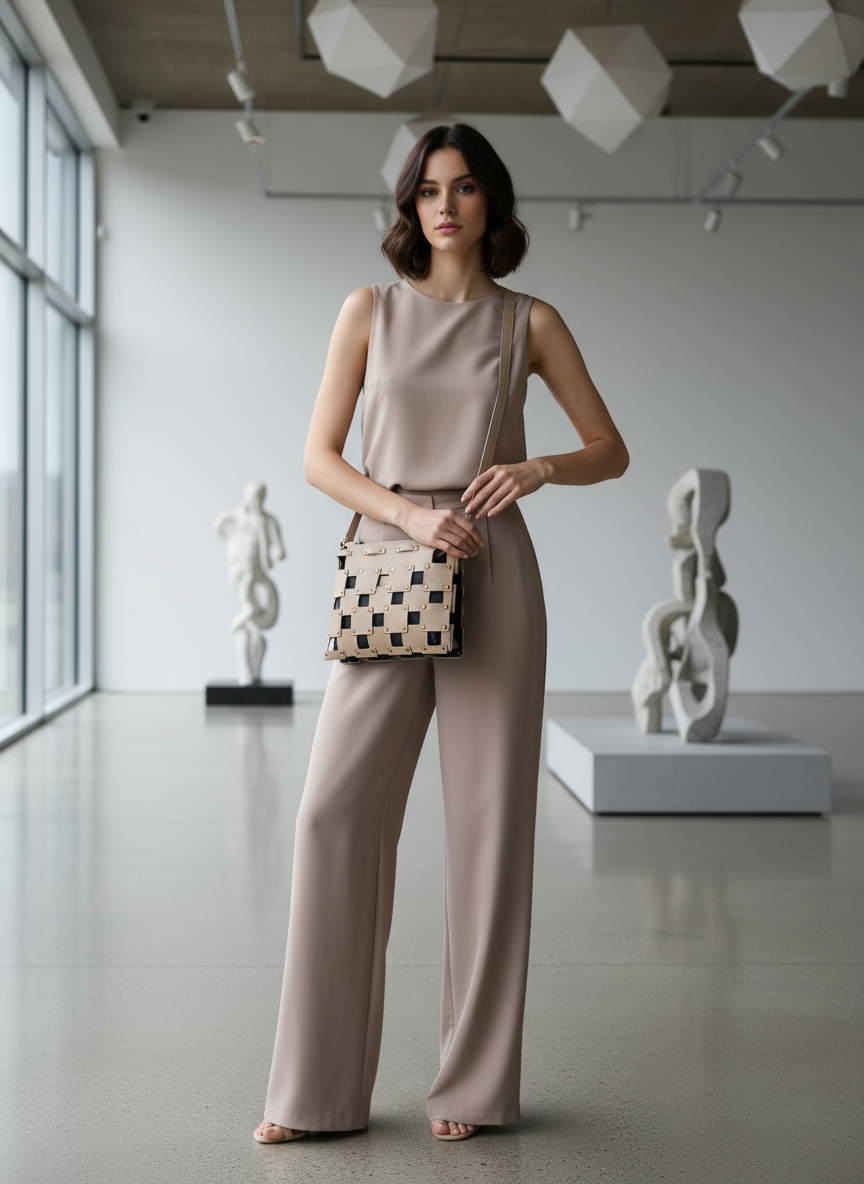 Roseline – Damenhandtasche aus echtem gewebtem italienischem Kalbsleder mit abnehmbarer Clutch