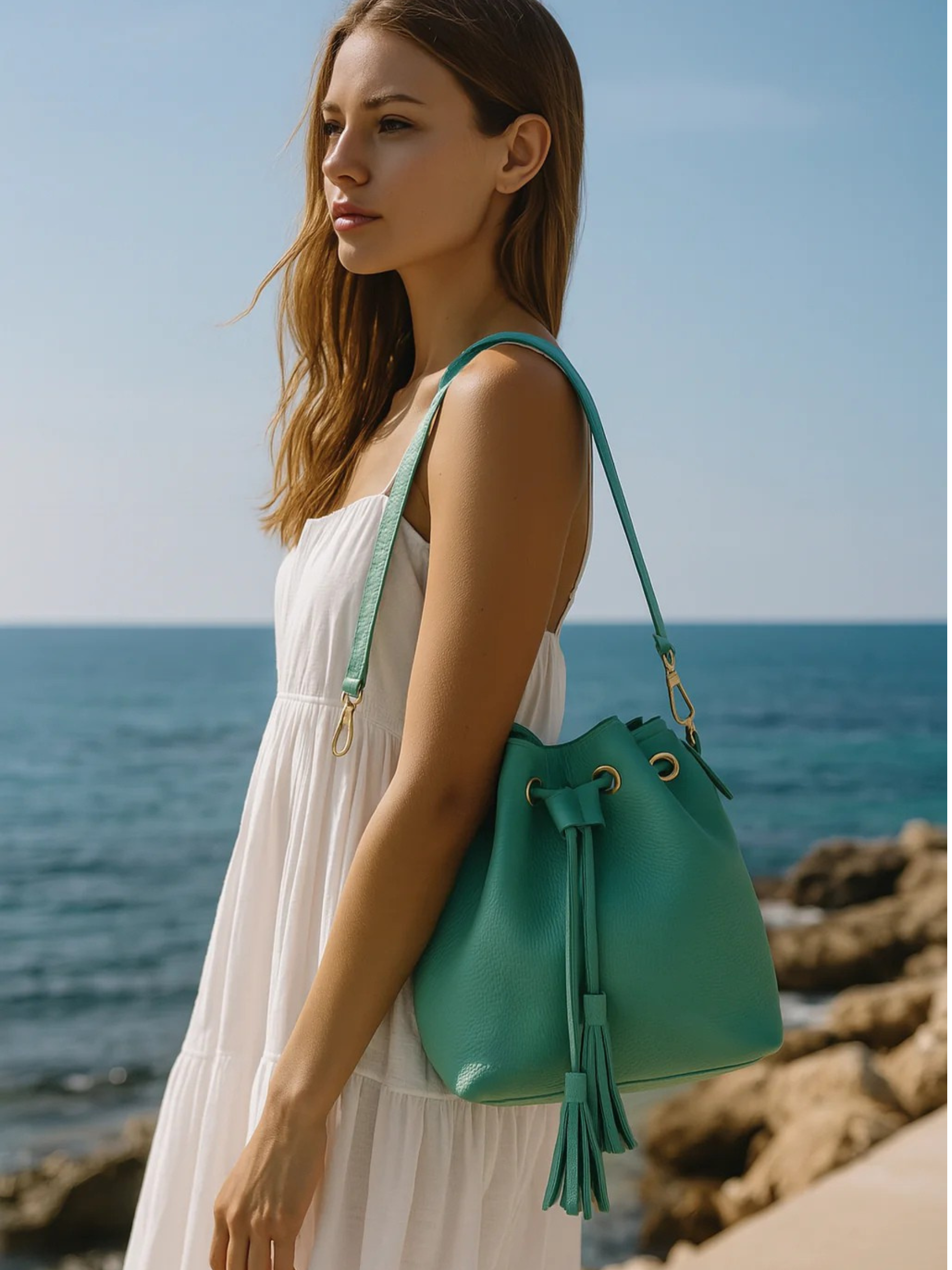 Genevieve Grande – Damenhandtasche und Umhängetasche aus echtem italienischen Leder mit Kordelzugverschluss und goldenen Details