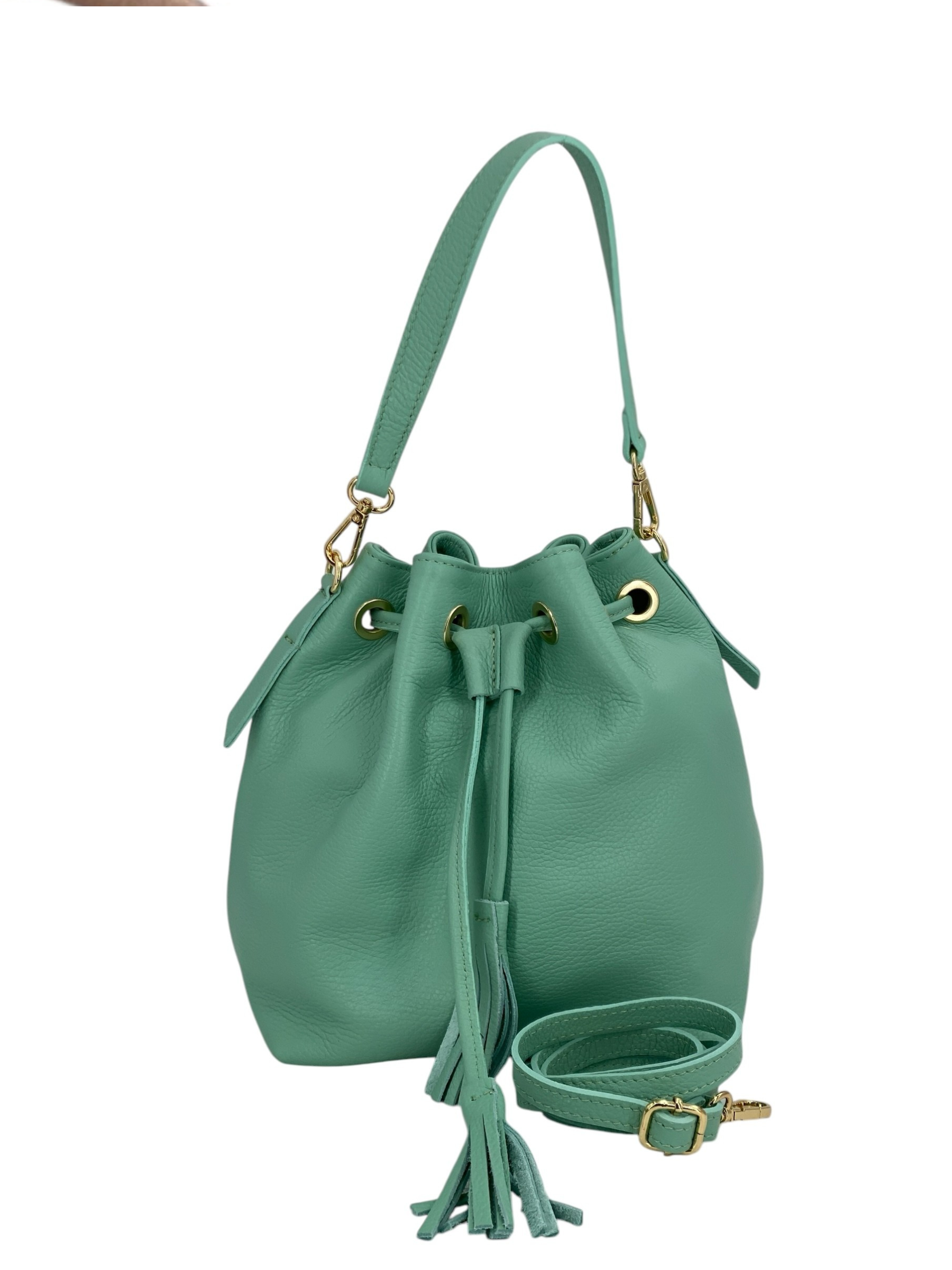 Genevieve Grande – Damenhandtasche und Umhängetasche aus echtem italienischen Leder mit Kordelzugverschluss und goldenen Details