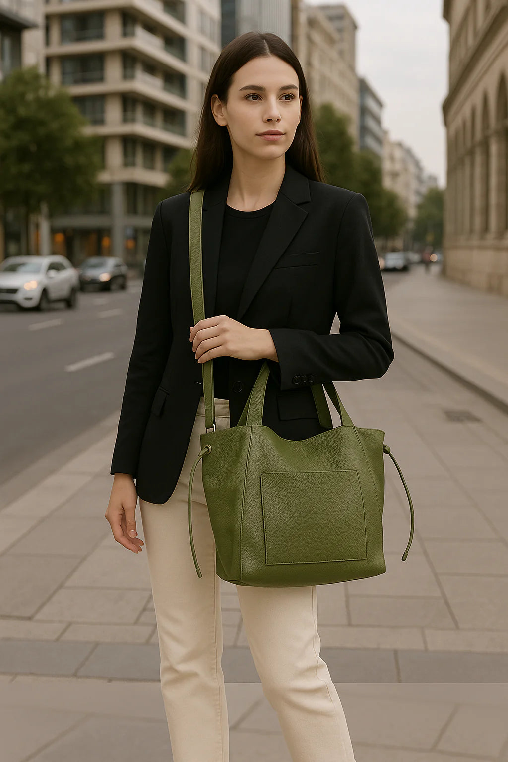 Isis – Damenhandtasche und Umhängetasche aus echtem italienischen Leder mit passender Clutch