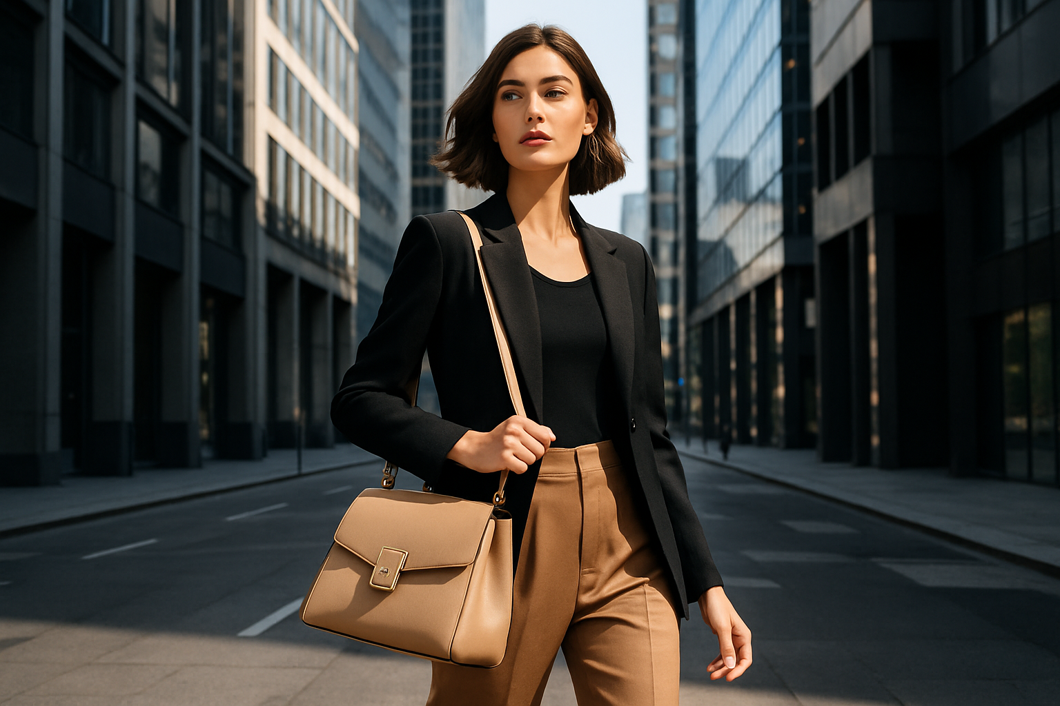 modella che indossa una borsa a mano in un contesto urban