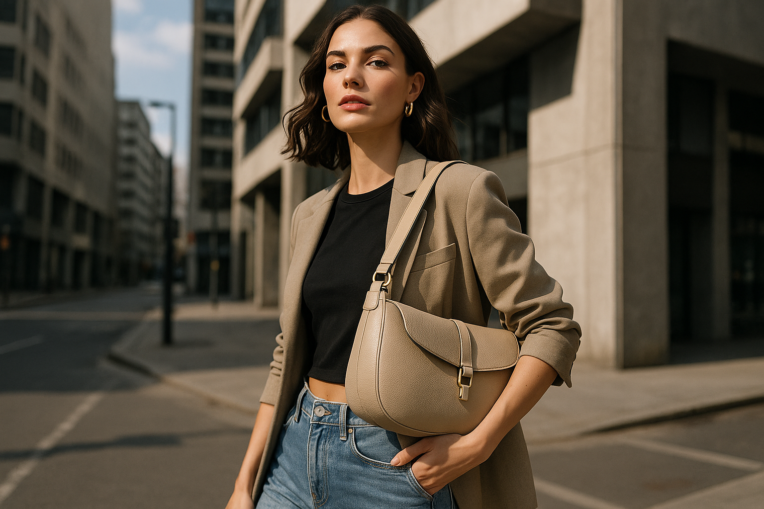 modella che indossa una borsa a spalla in un conestto urban