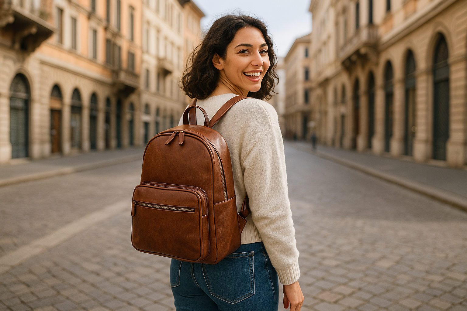 modella italiana felice e ritratta completamente che indossa un semplice zaino in vera pelle. immagine in ultra hd e lo zaino e' il protagonista deve vedersi interamente. immagine un po in lontananza e in città